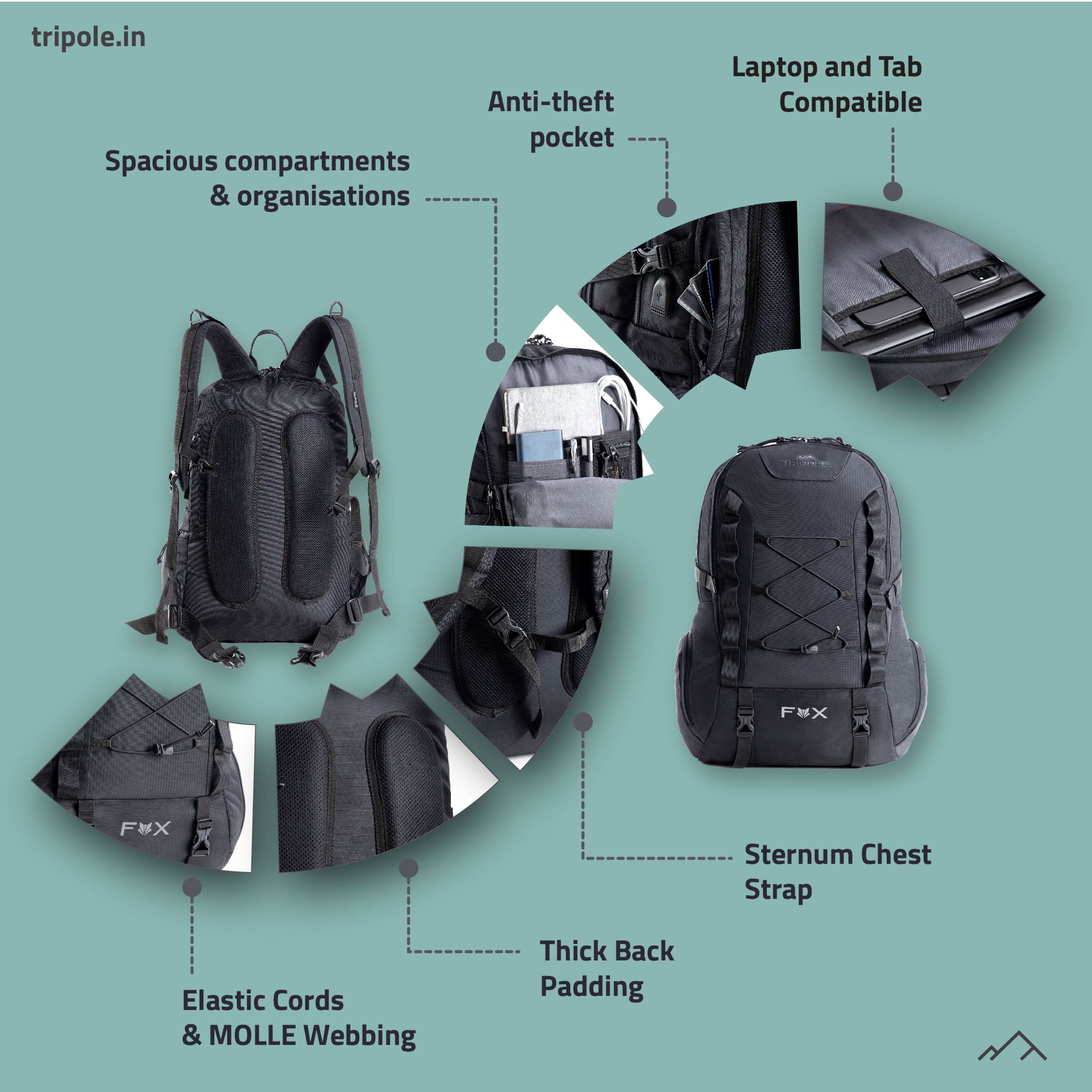 Tripole Fox Internal Frame Laptop Backpack Black Infographics Hiking Travelling
