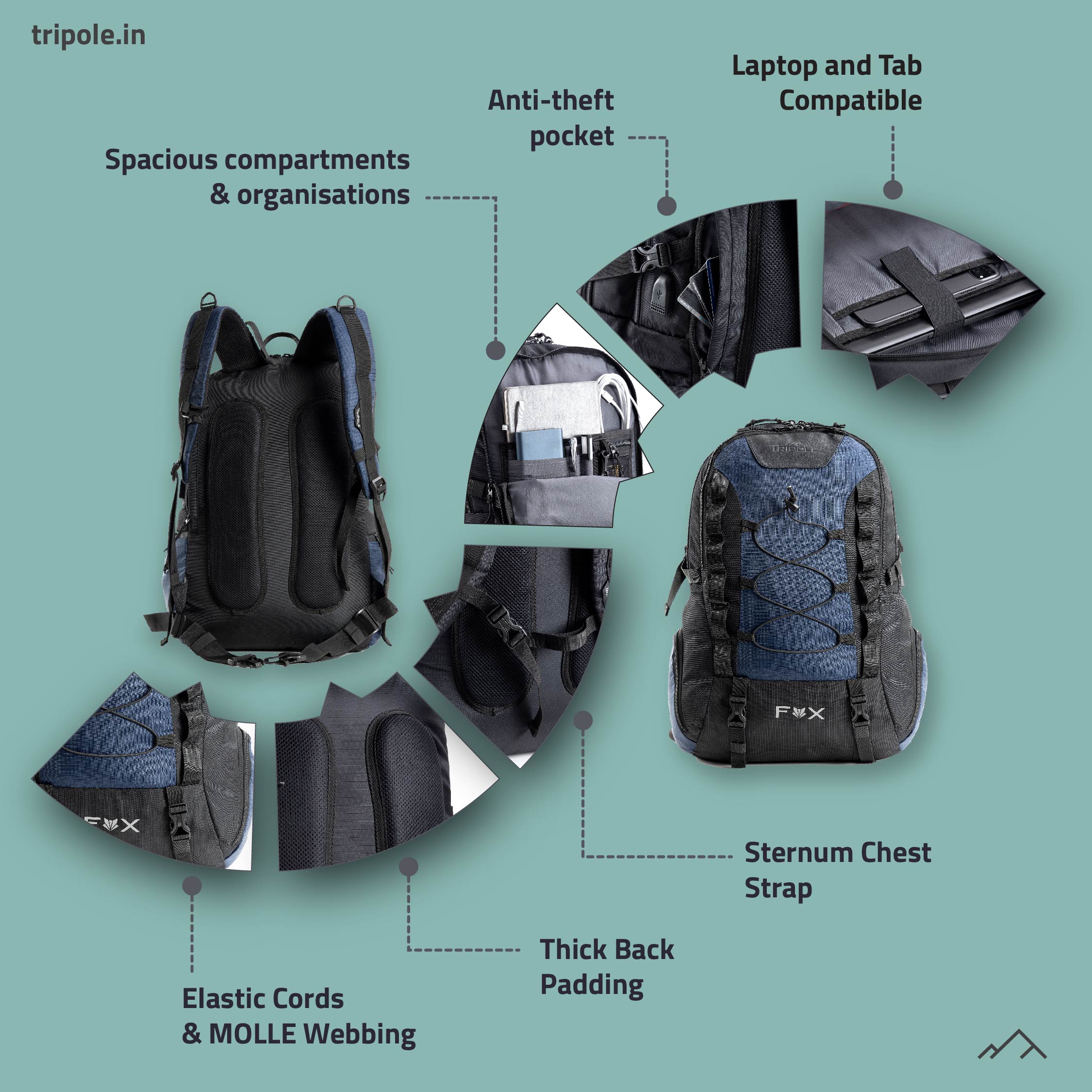 Tripole Fox Internal Frame Laptop Backpack Navy Blue Infographics Hiking Travelling