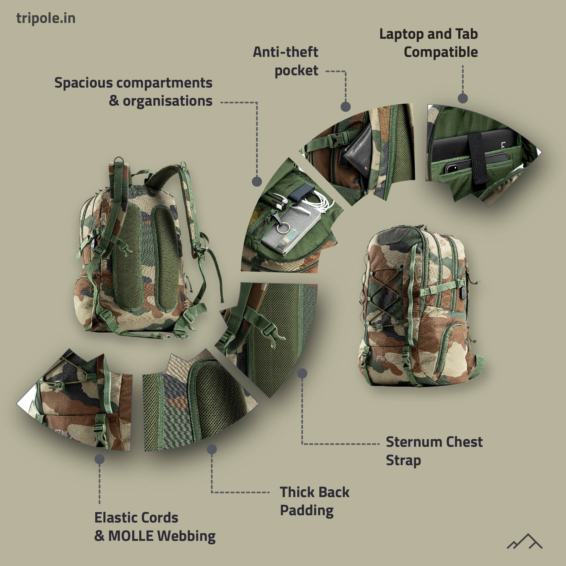 Tripole Fox Internal Frame Laptop Backpack Indian Army Infographics Hiking Travelling