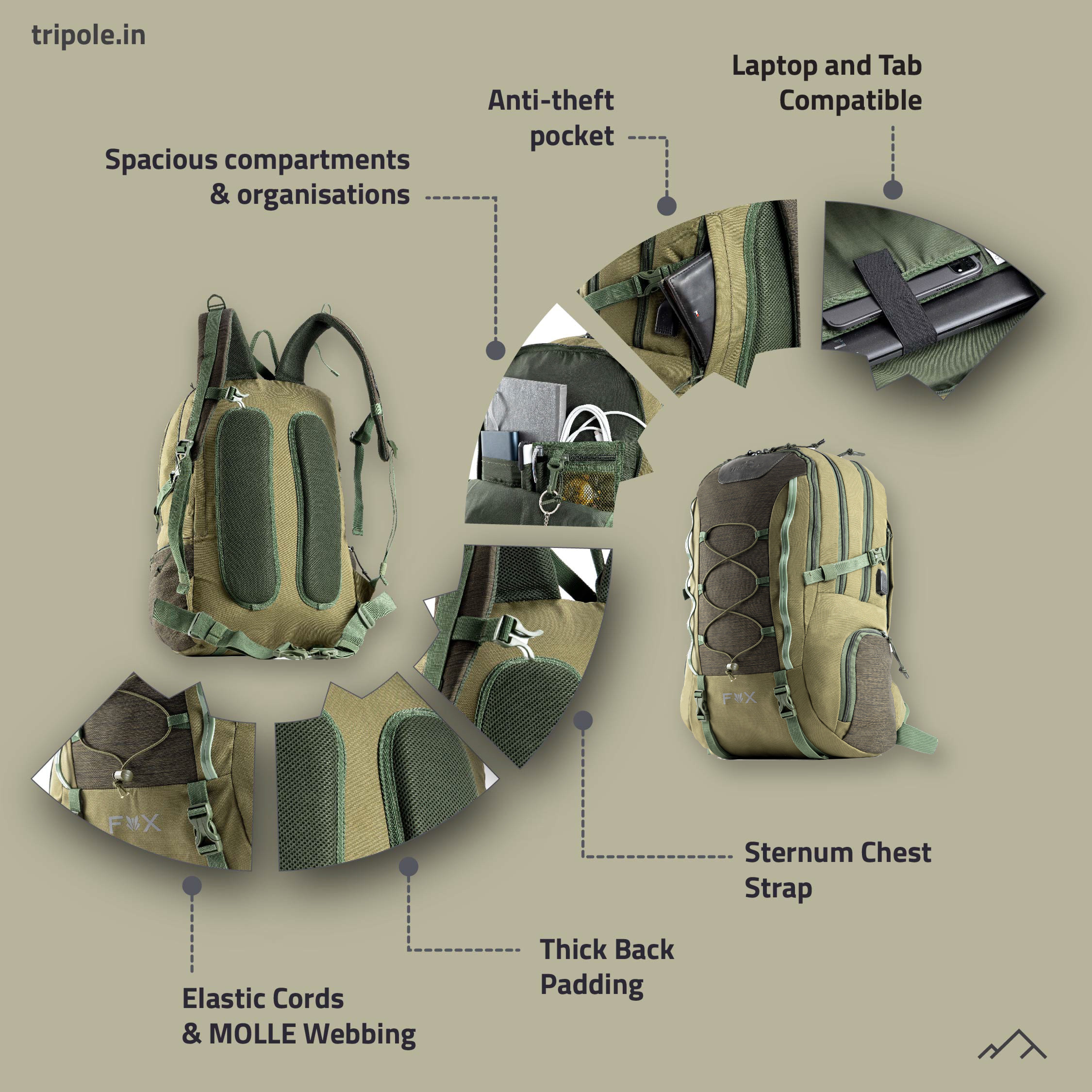 Tripole Fox Internal Frame Laptop Backpack Olive Green Infographics Hiking Travelling