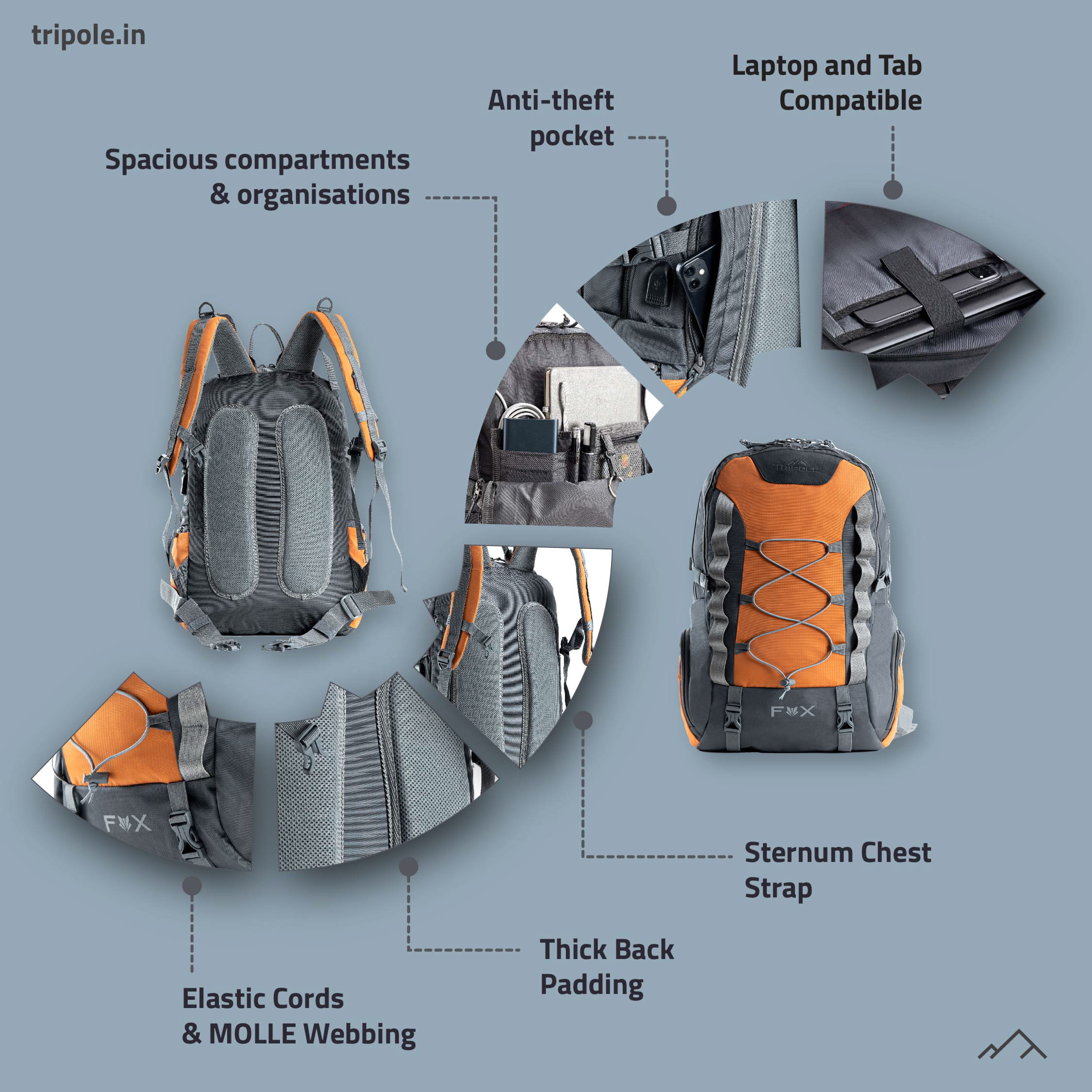 Tripole Fox Internal Frame Laptop Backpack Orange Infographics Hiking Travelling