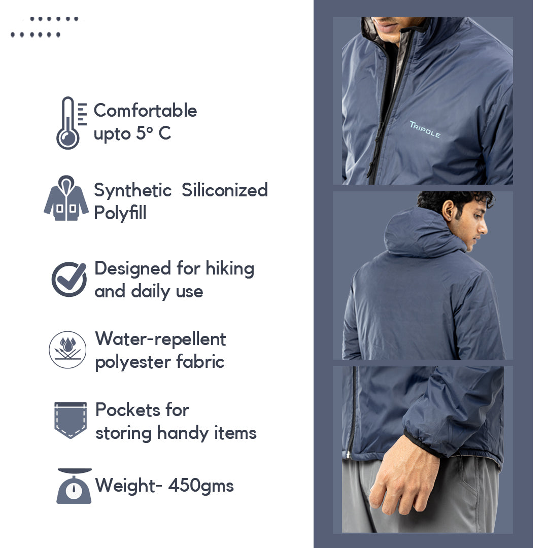 Tripole Mens Jacket 5°C Navy Blue Infographics - Winter Comfort Trekking Daily Use