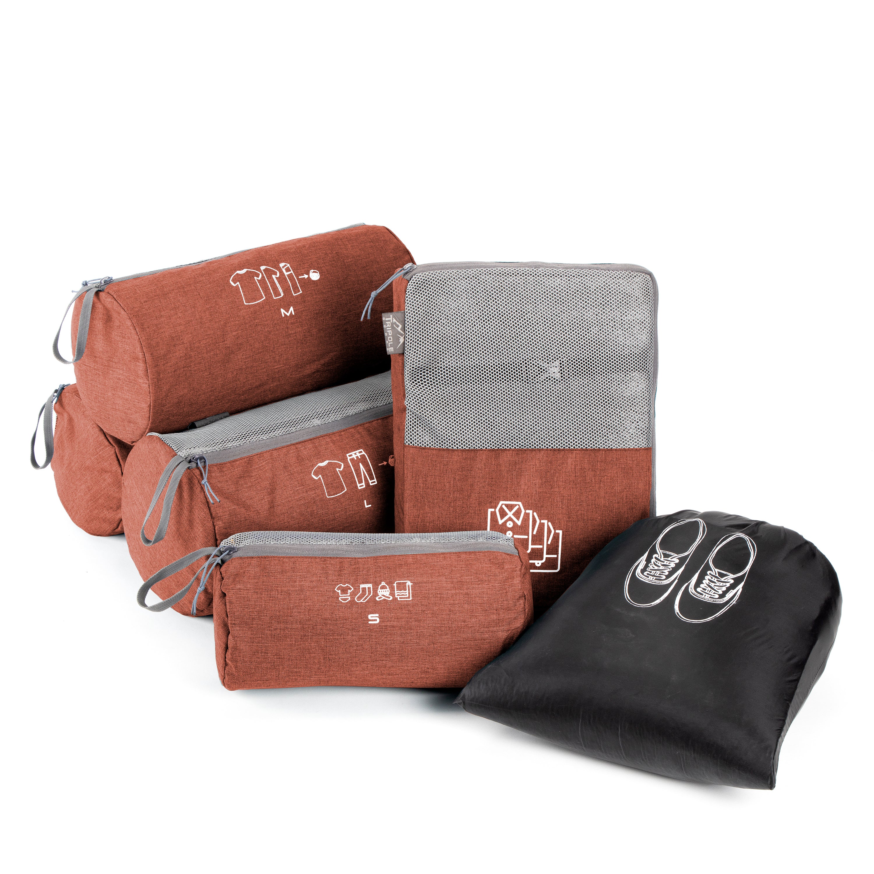 Tripole Organizer Packs - Cylindrical Shaped & Shirt Organizer- Set of 6 - Red Backpacking Travelling