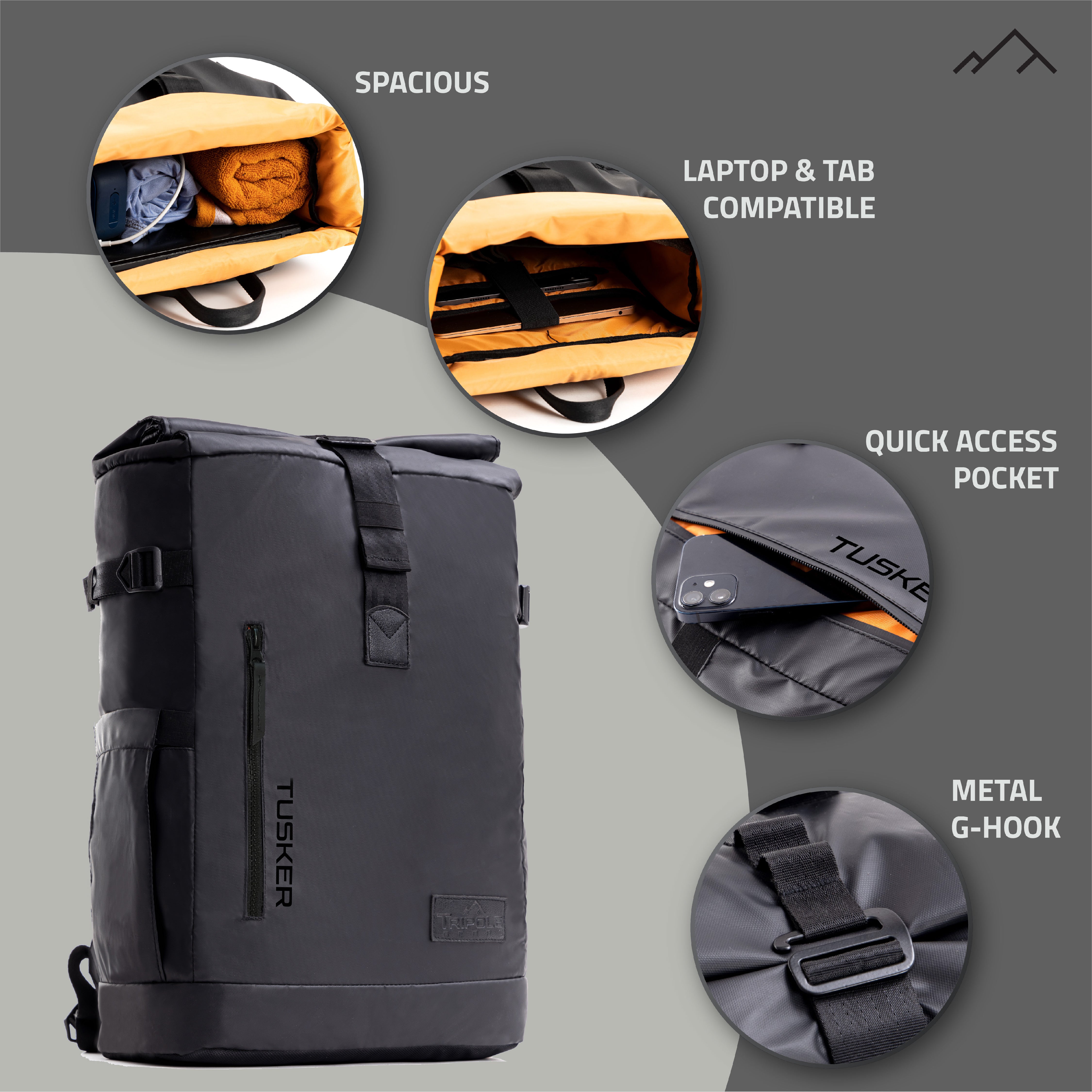 Tripole Tusker Roller Top Laptop Backpack Black Front Infographics Travelling Multi utility