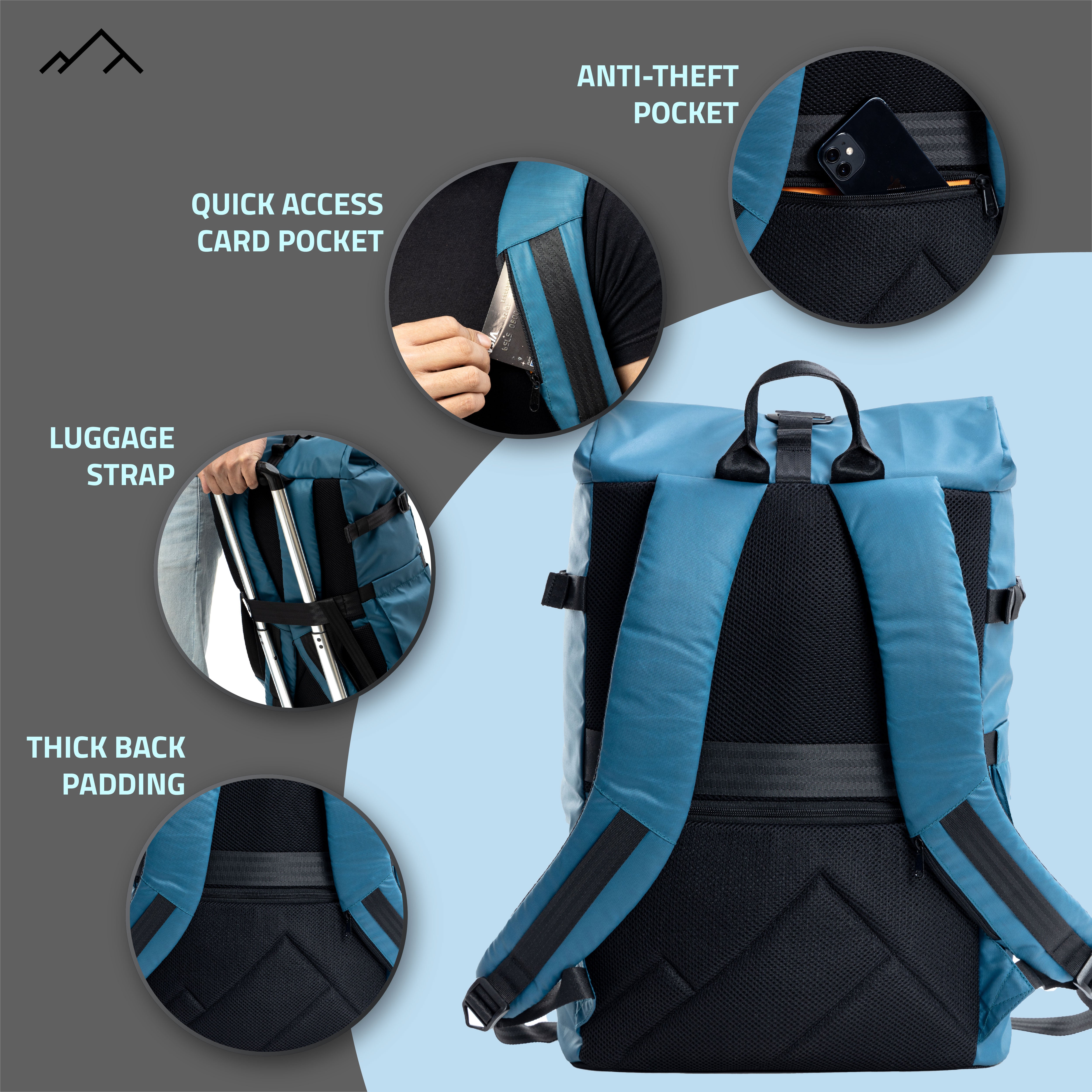 Tripole Tusker Roller Top Laptop Backpack Blue Back Infographics Travelling Multi utility