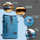 Tripole Tusker Roller Top Laptop Backpack Blue Front Infographics Travelling Multi utility