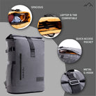 Tripole Tusker Roller Top Laptop Backpack Grey Front Infographics Travelling Multi utility