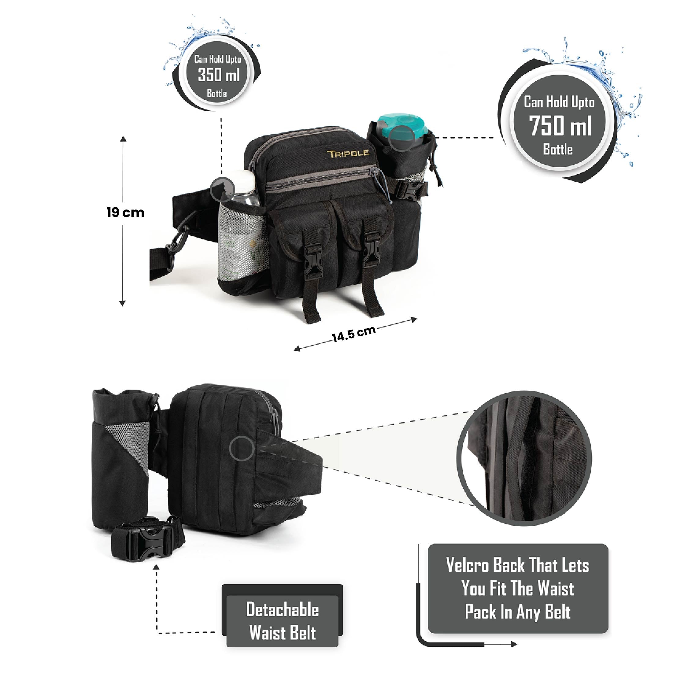 Tripole Waist Pack Detachable Bottle Holder Black Infographics Trekking Hiking Backpacking Travelling