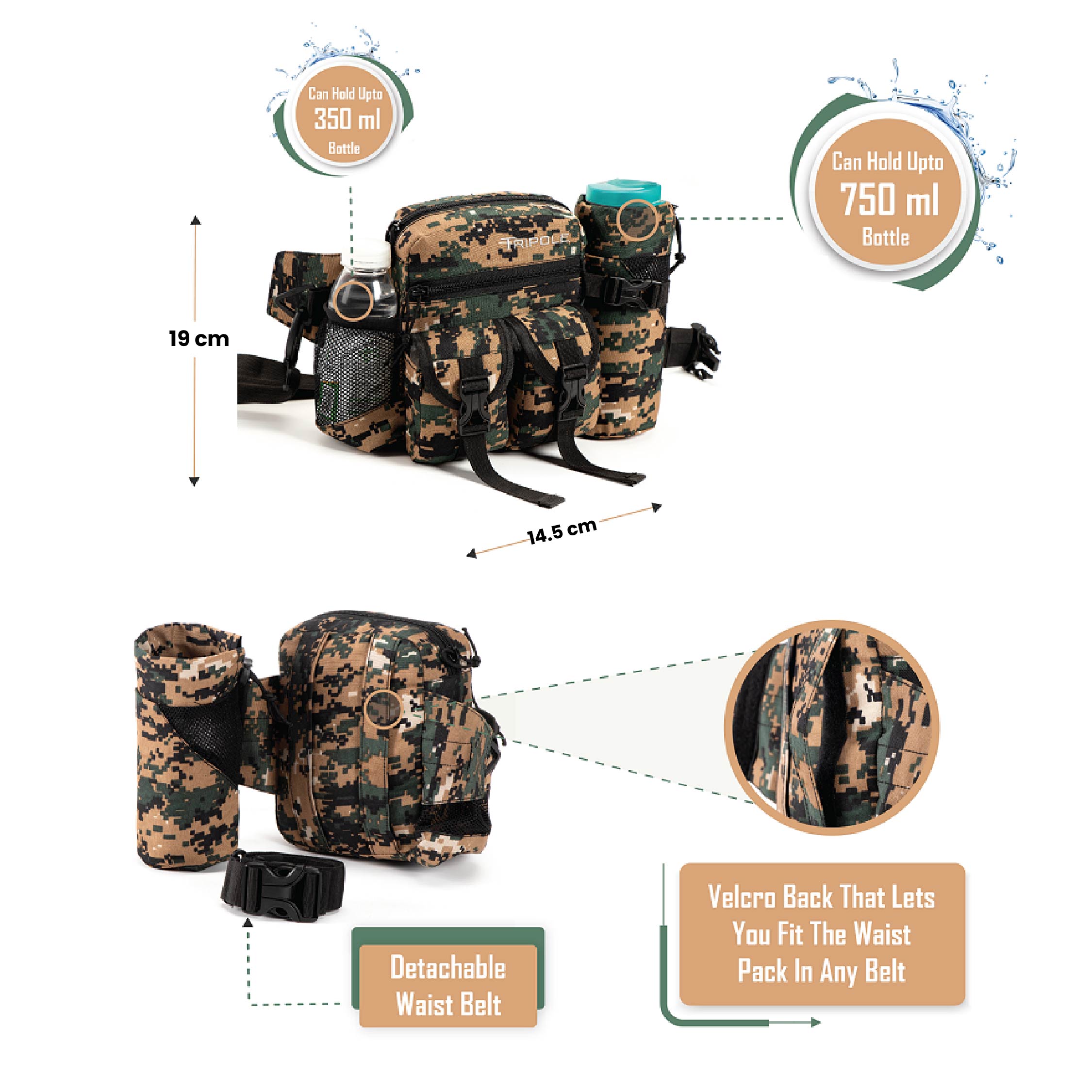 Tripole Waist Pack Detachable Bottle Holder Digital Camouflage Infographics Trekking Hiking Backpacking Travelling