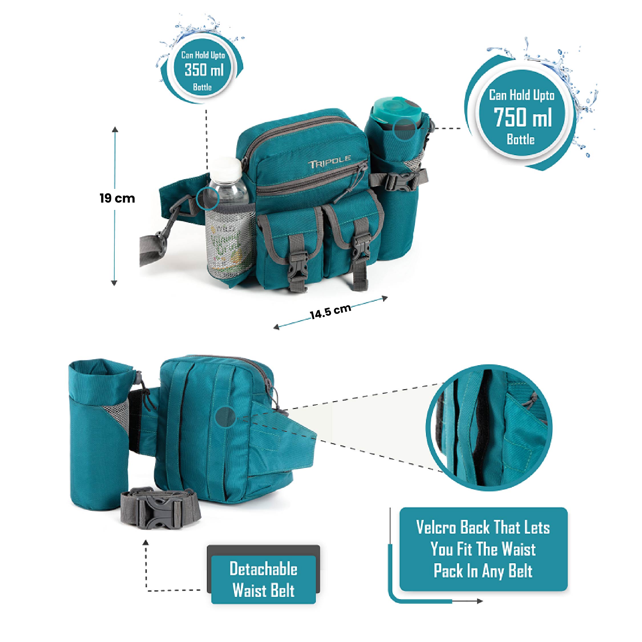 Tripole Waist Pack Detachable Bottle Holder Sea Green Infographics Trekking Hiking Backpacking Travelling