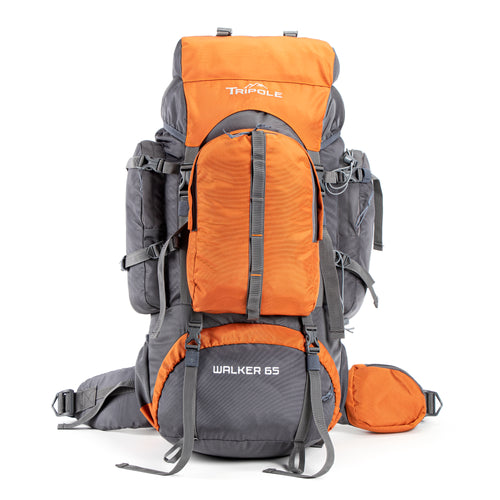 Tripole Walker 65 Litre Rucksack for Trekking and Travel | Laptop Sleeve | Water Repellent | Rain Cover | 3 Year Warranty | Grey & Orange