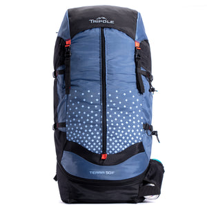 Tripole Terra Backpacking and Trekking Rucksack with Front Opening, Rain Cover and Metal Frame | 3 Year Warranty | Blue | 50 Litres