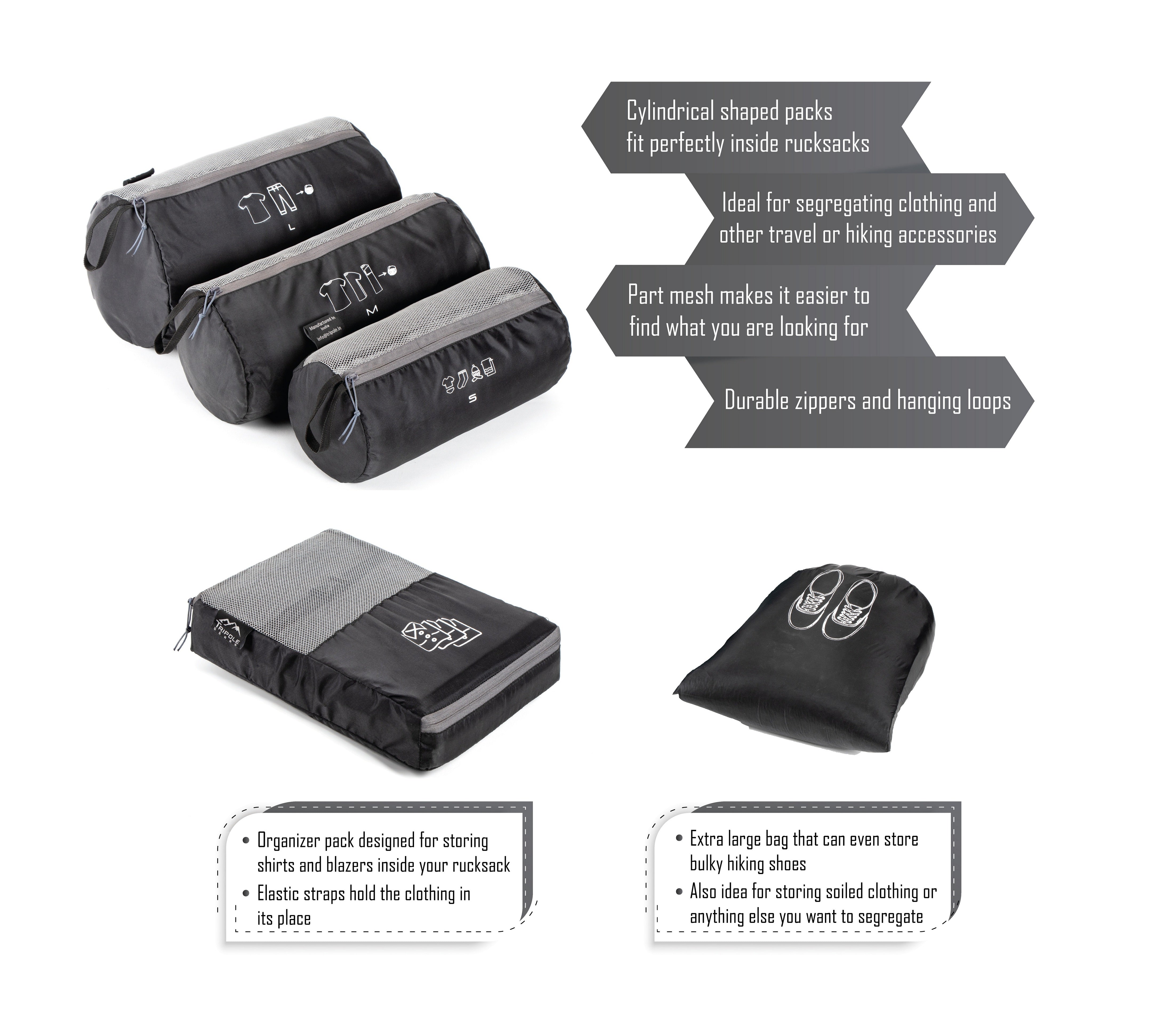 Tripole Organizer Packs - Infographics - Black Backpacking Travelling