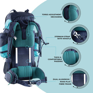 Tripole Walker Pro Internal Frame Rucksack for Travel and Trekking | Front Opening | Laptop Sleeve | Water Repellent | Rain Cover | 3 Year Warranty | 80 Litre Blue