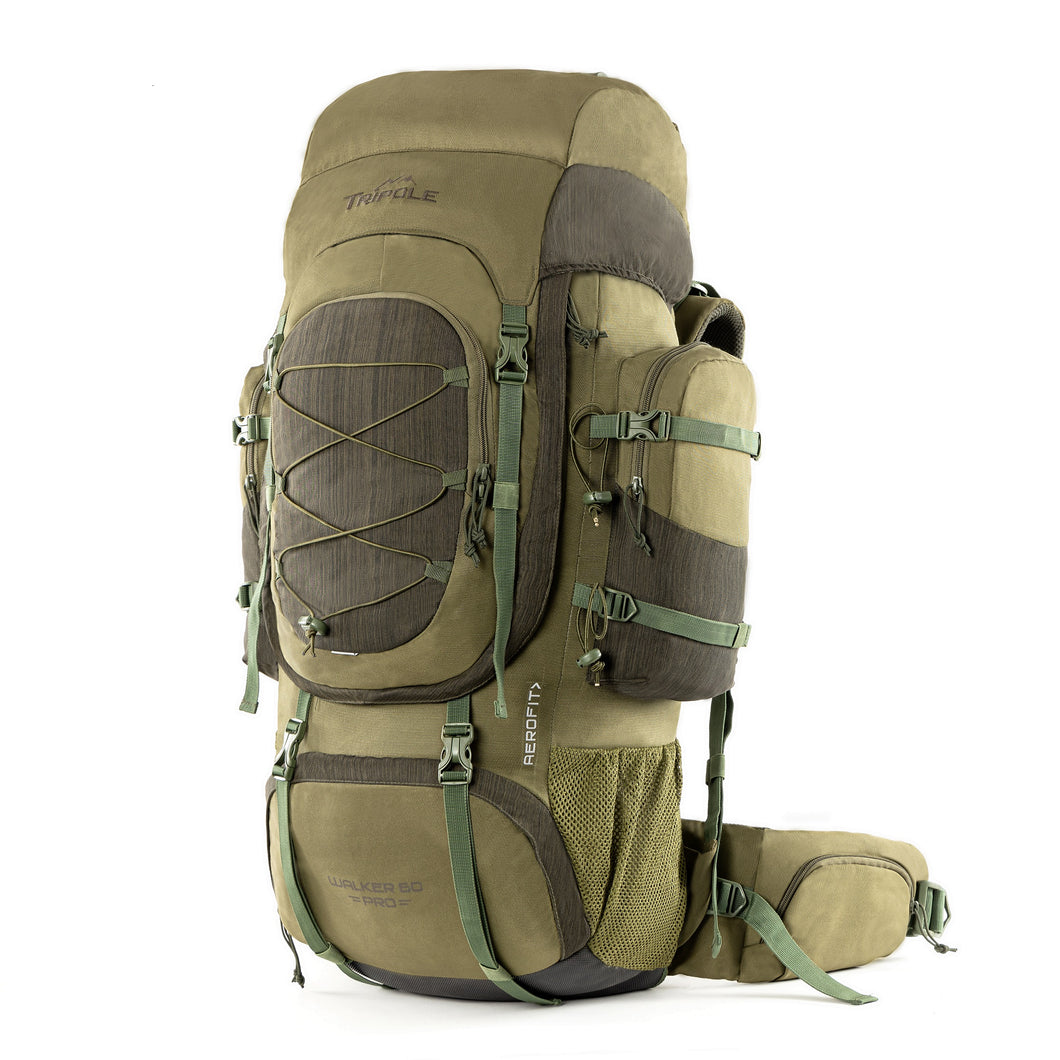 Tripole Walker Pro Internal Frame Rucksack for Travel and Trekking | Front Opening | Laptop Sleeve | Water Repellent | Rain Cover | 5 Year Warranty | 60 Litre Olive Green