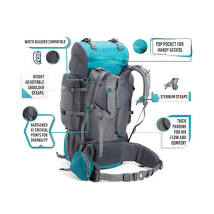 Tripole Walker 55L Internal Frame Rucksack for Hiking | Rain Cover | Water Repellent | Laptop Section | 3 Year Warranty | Grey & Sea Green