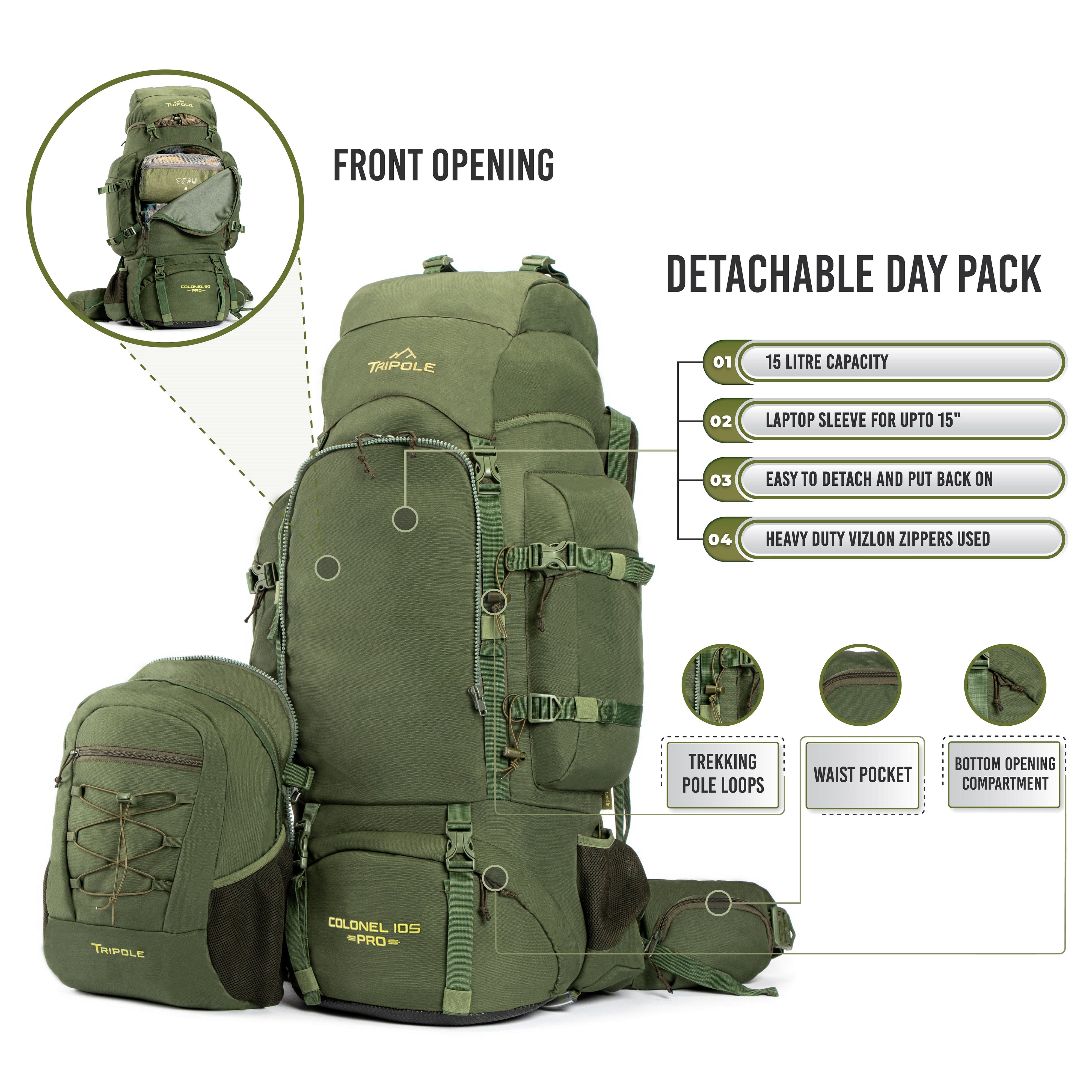 Tripole Colonel Pro Metal Frame Rucksack with Detachable Day Pack and ...