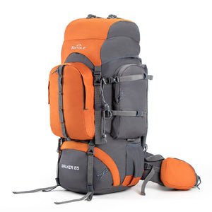 Tripole Walker 65 Litre Rucksack for Trekking and Travel | Laptop Sleeve | Water Repellent | Rain Cover | 3 Year Warranty | Grey & Orange