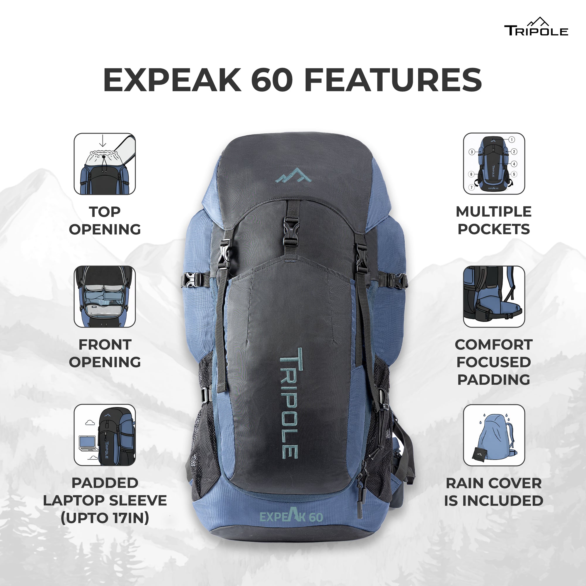 Tripole Expeak 60L Rucksack Bag for Men & Women | Front Opening