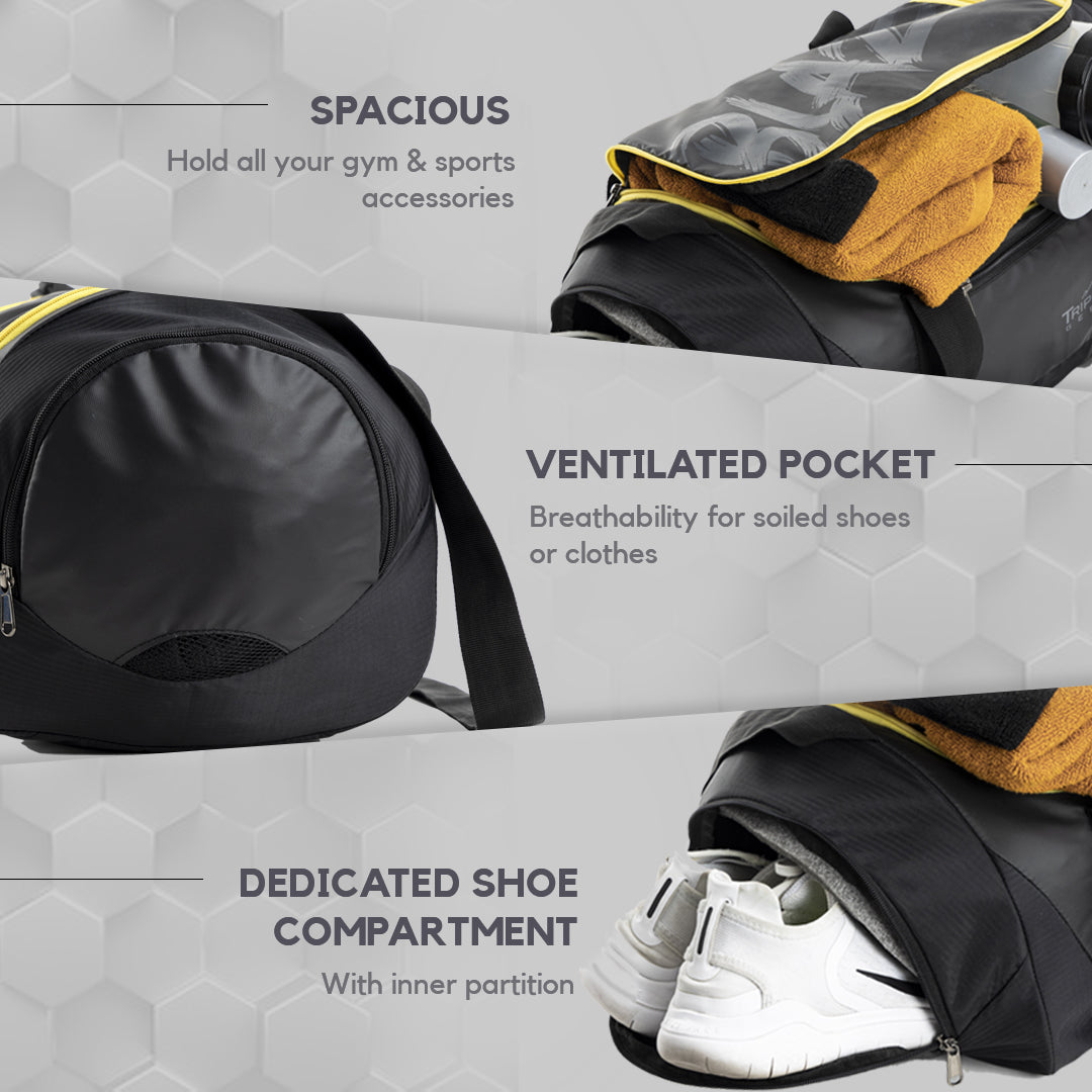 Tripole Blaze Duffel Bag Black Yellow Infographics - Gym Sports Travelling 35 litres