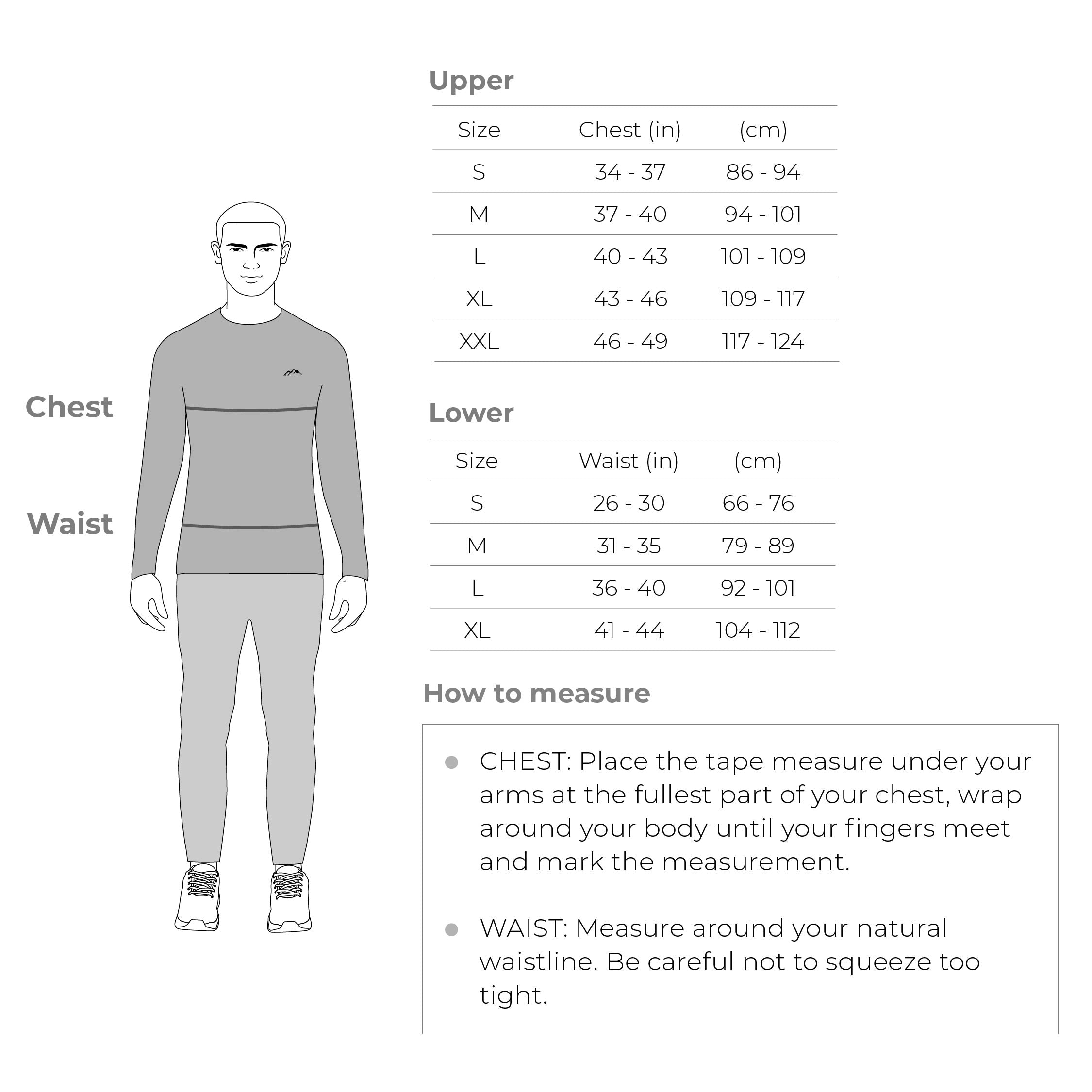 Tripole Fleece Warmer Upper Wear Size Chart for Cold Weather, Camping and Hiking 