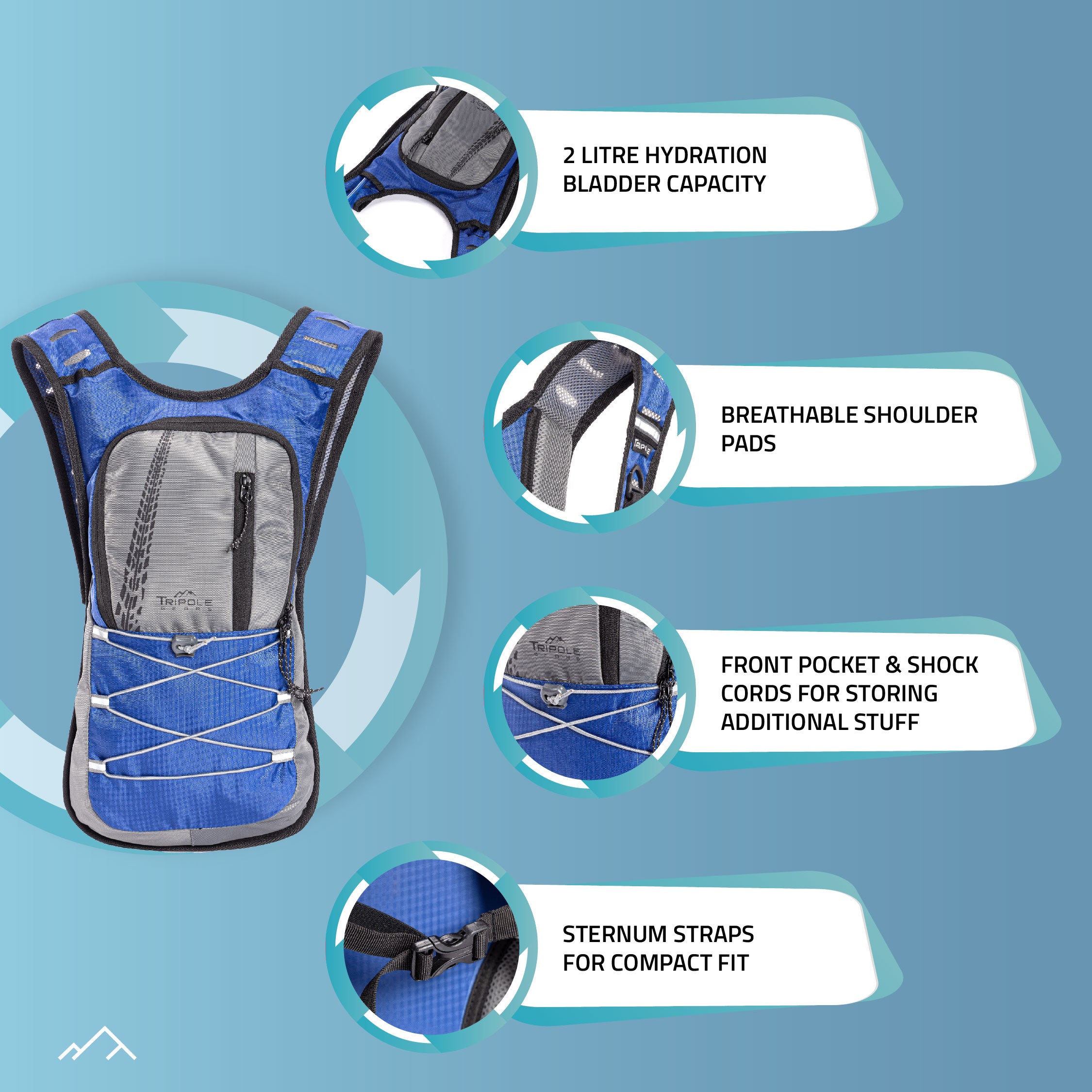 Tripole Hydration Backpack Blue Infographics 2 litres Cycling Trail Running Hiking Trekking