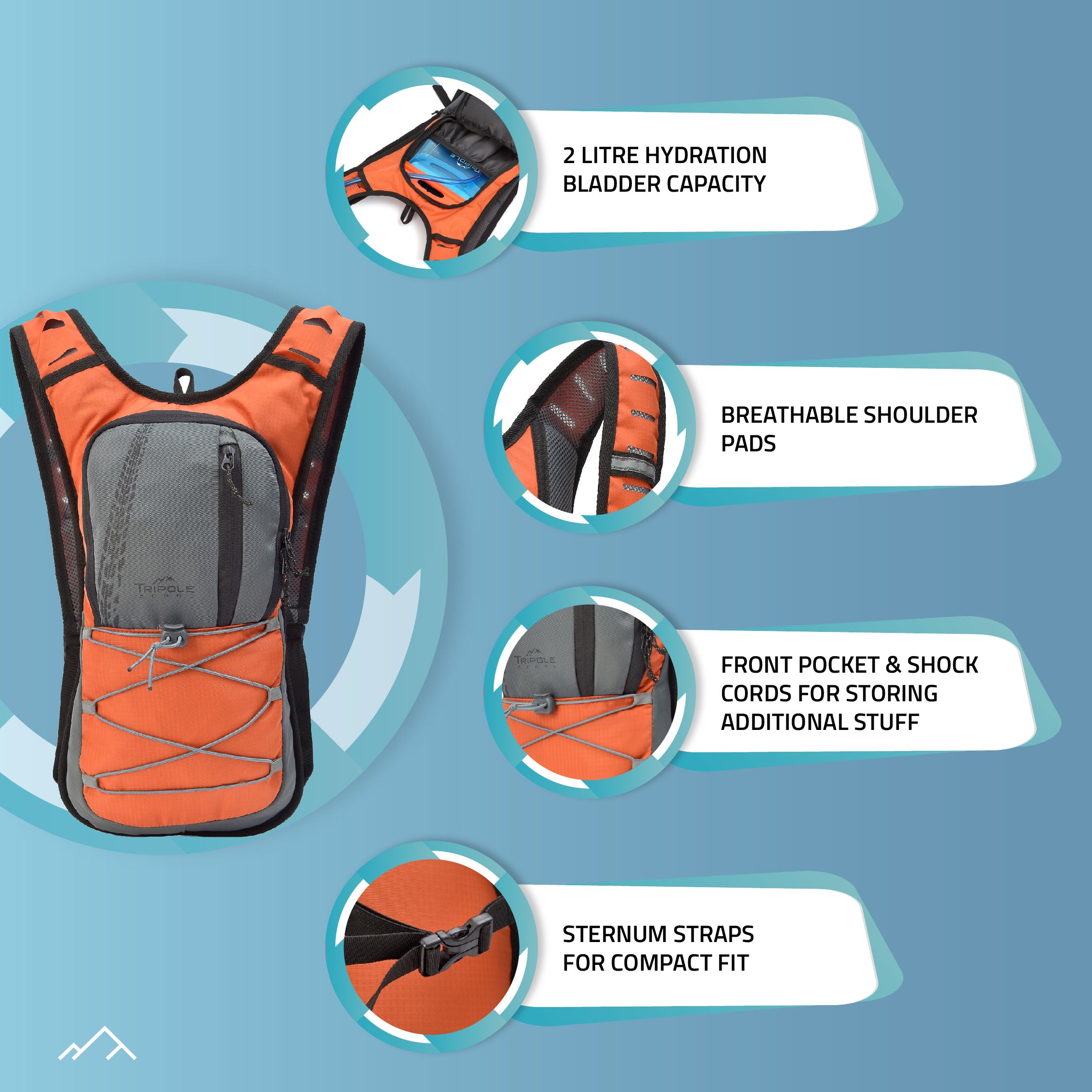 Tripole Hydration Backpack Orange Infographics 2 litres Cycling Trail Running Hiking Trekking