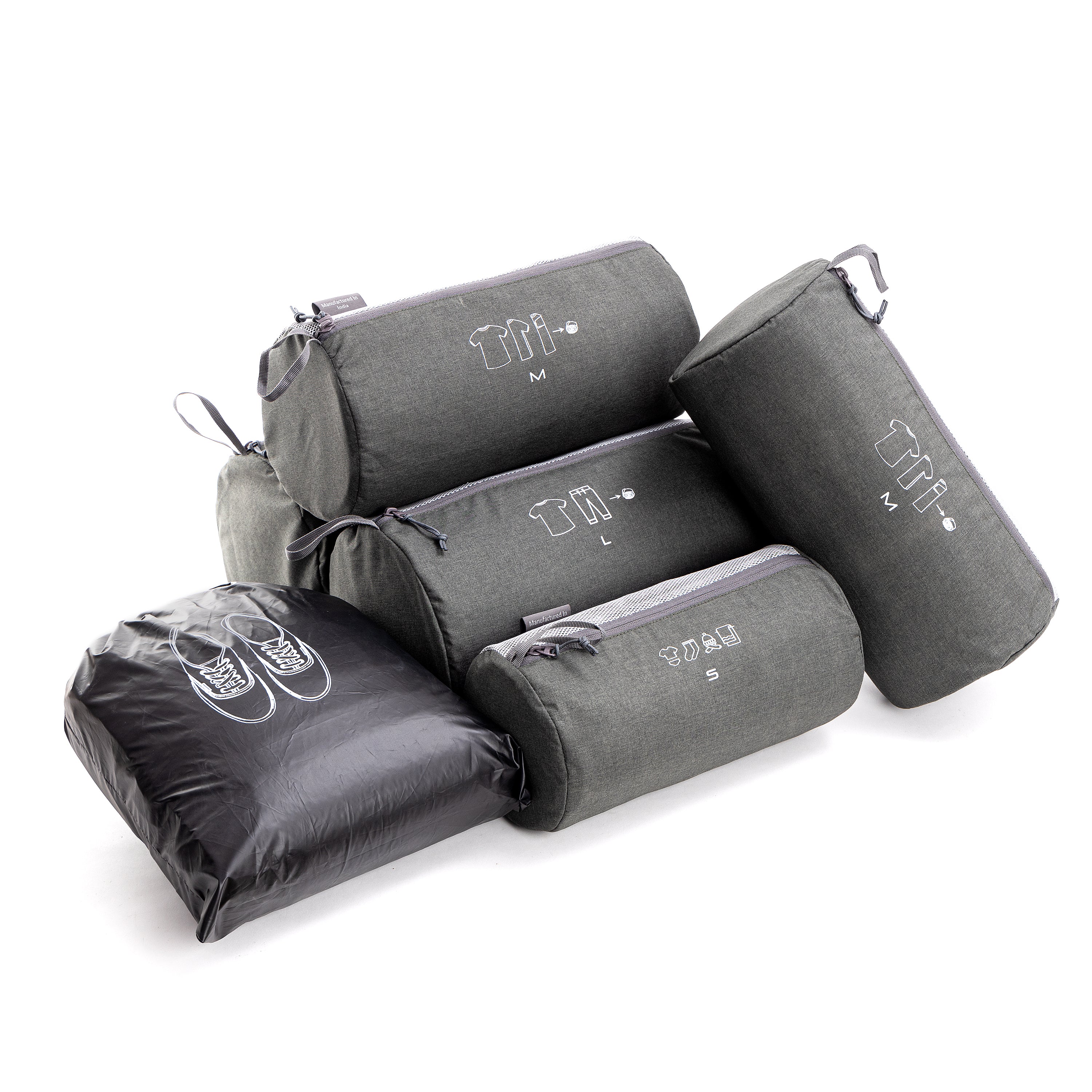 Tripole Organizer Packs - Cylindrical Shaped - Set of 6 - Grey Backpacking Travelling