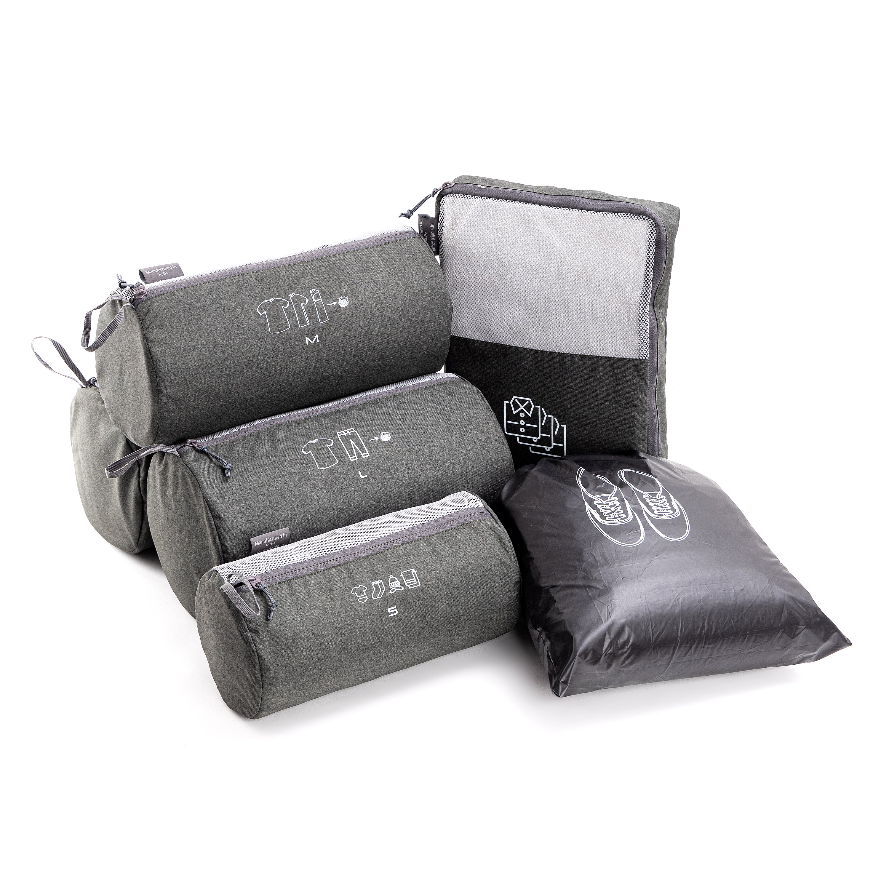 Tripole Organizer Packs - Cylindrical Shaped & Shirt Organizer- Set of 6 - Grey Backpacking Travelling
