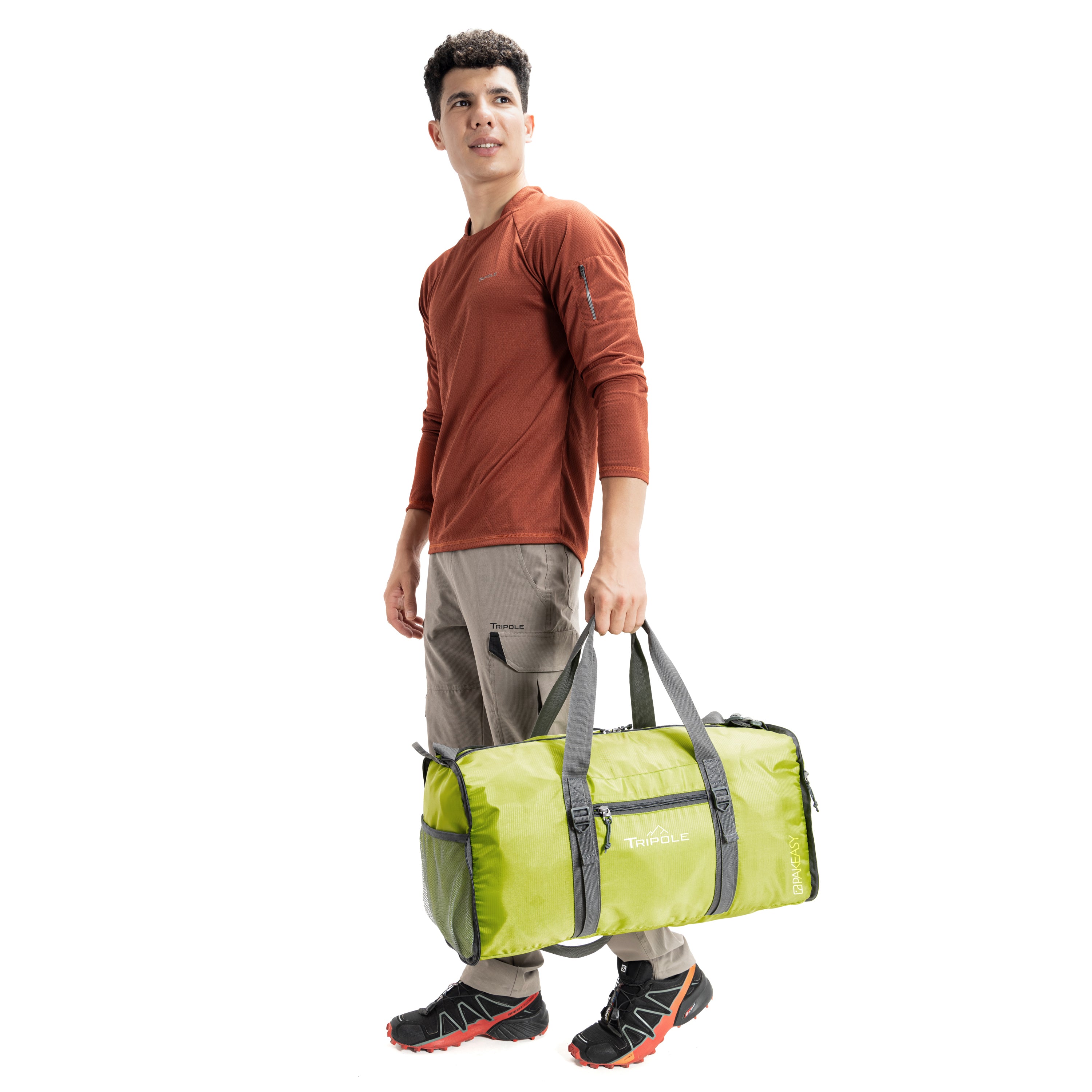 Tripole PAKEasy Duffel Neon Green with model Foldable Portable Travelling Bag