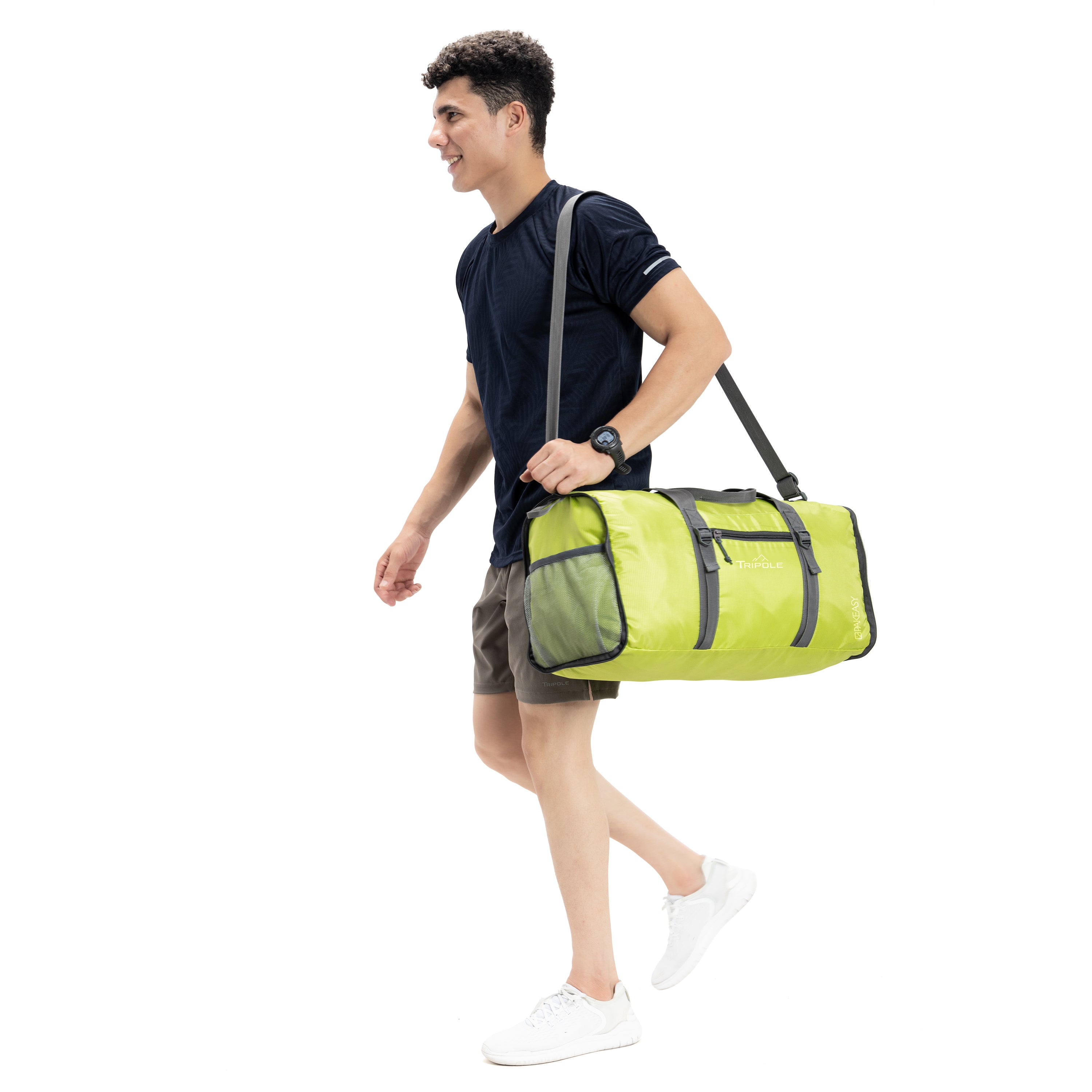 Tripole PAKEasy Duffel Neon Green with Model Foldable Portable Travelling Bag