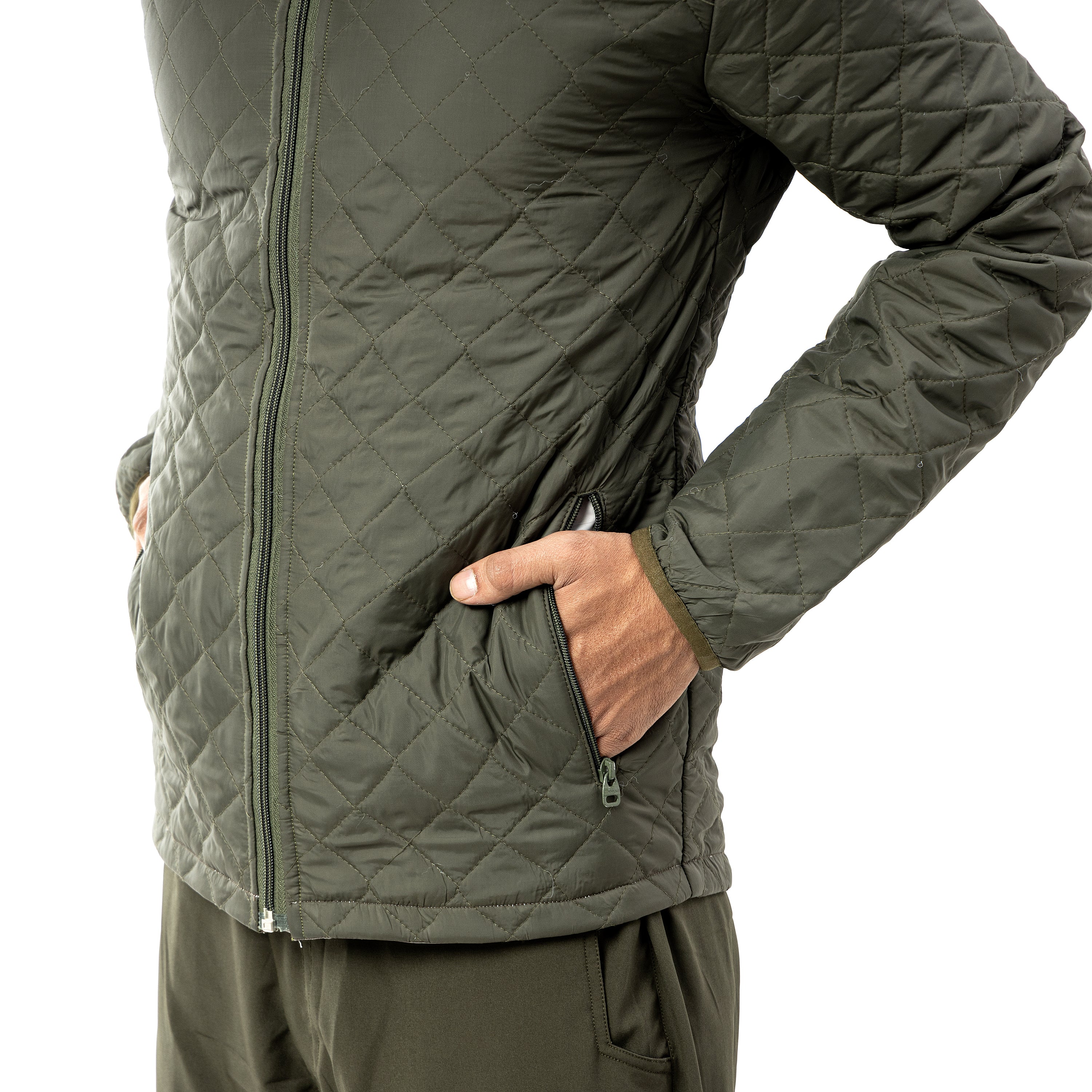 Tripole Quilted Jacket Army Green Close up for Winter Daily Use Hiking Travelling