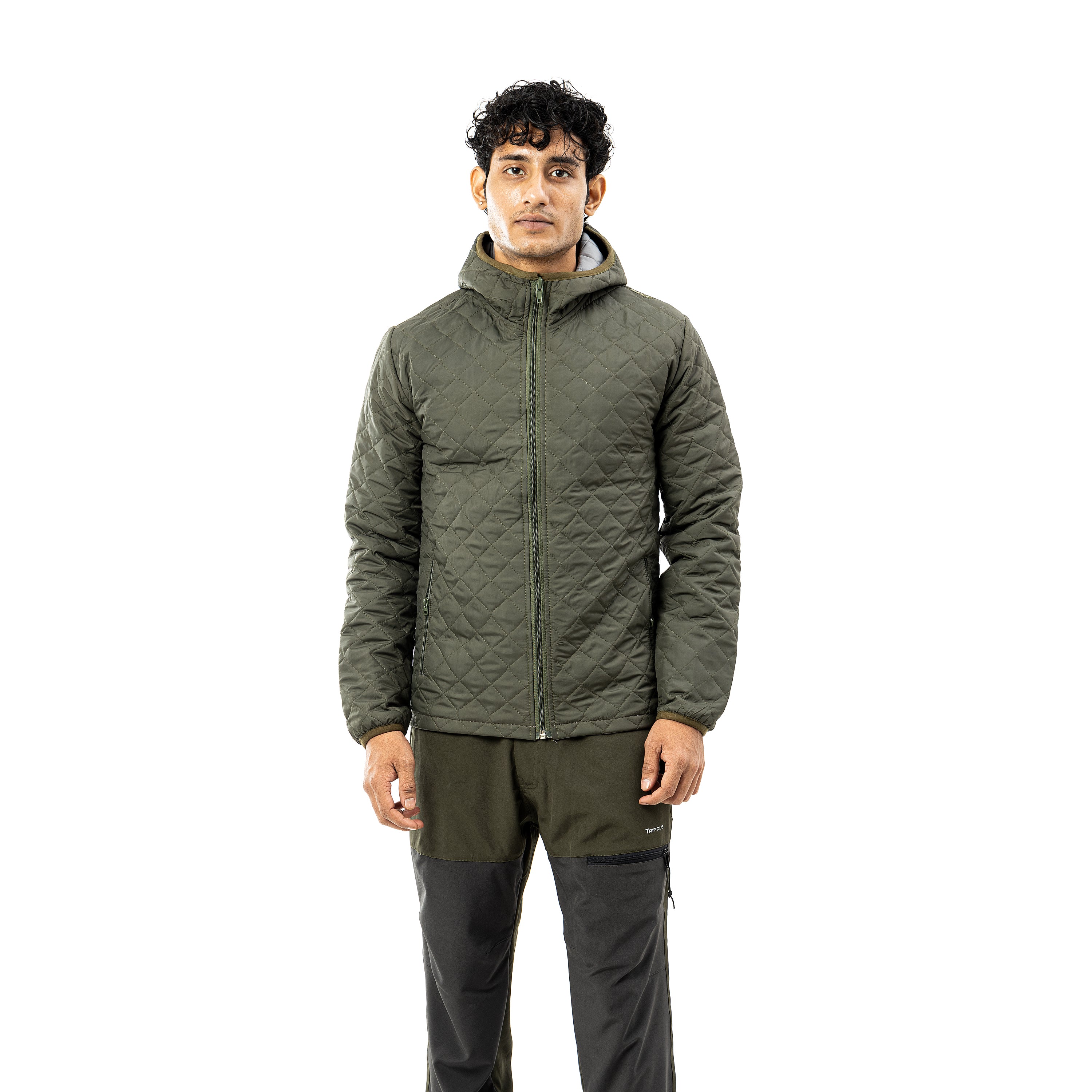 Tripole Quilted Jacket Army Green Front for Winter Daily Use Hiking Travelling