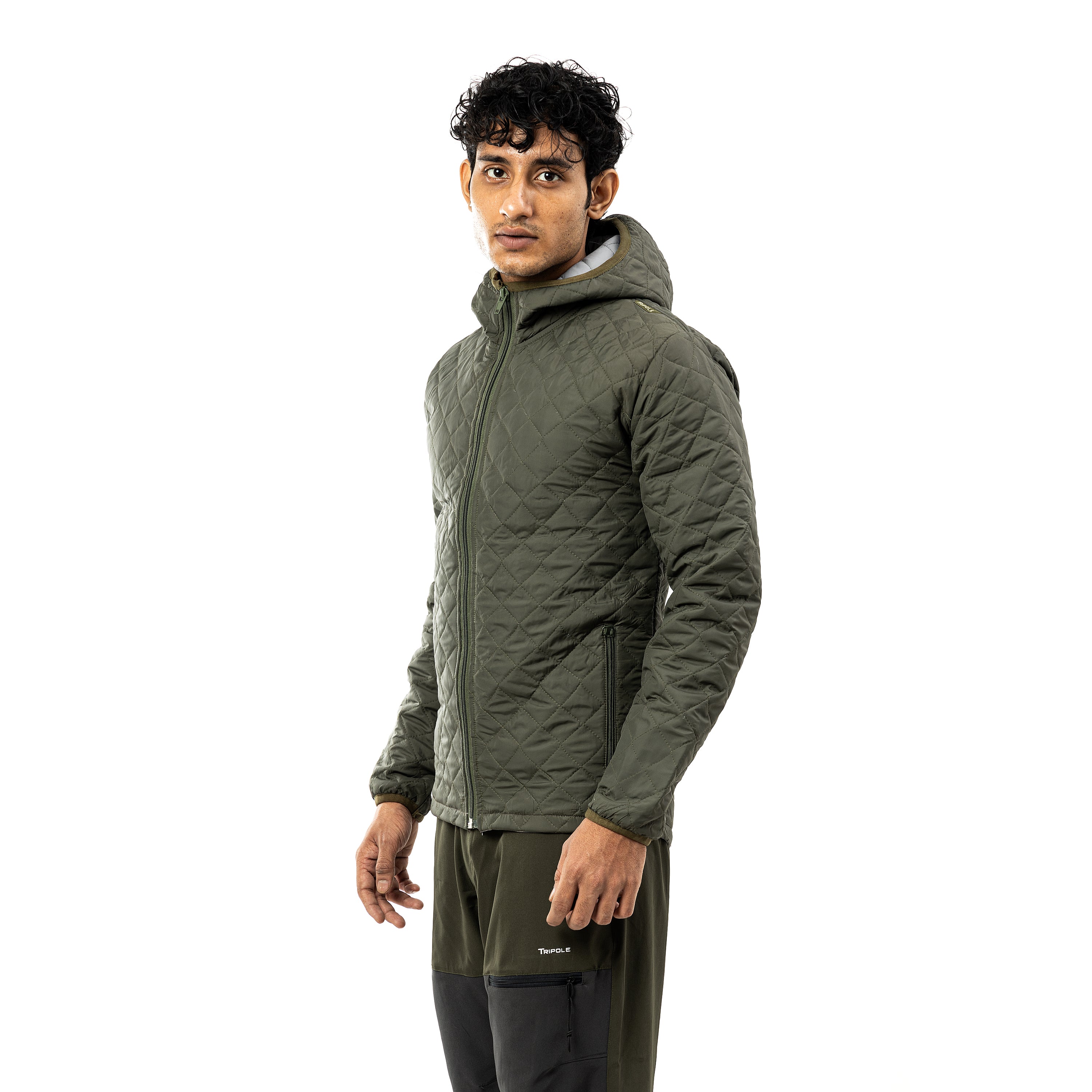 Tripole Quilted Jacket Army Green Front for Winter Daily Use Hiking Travelling