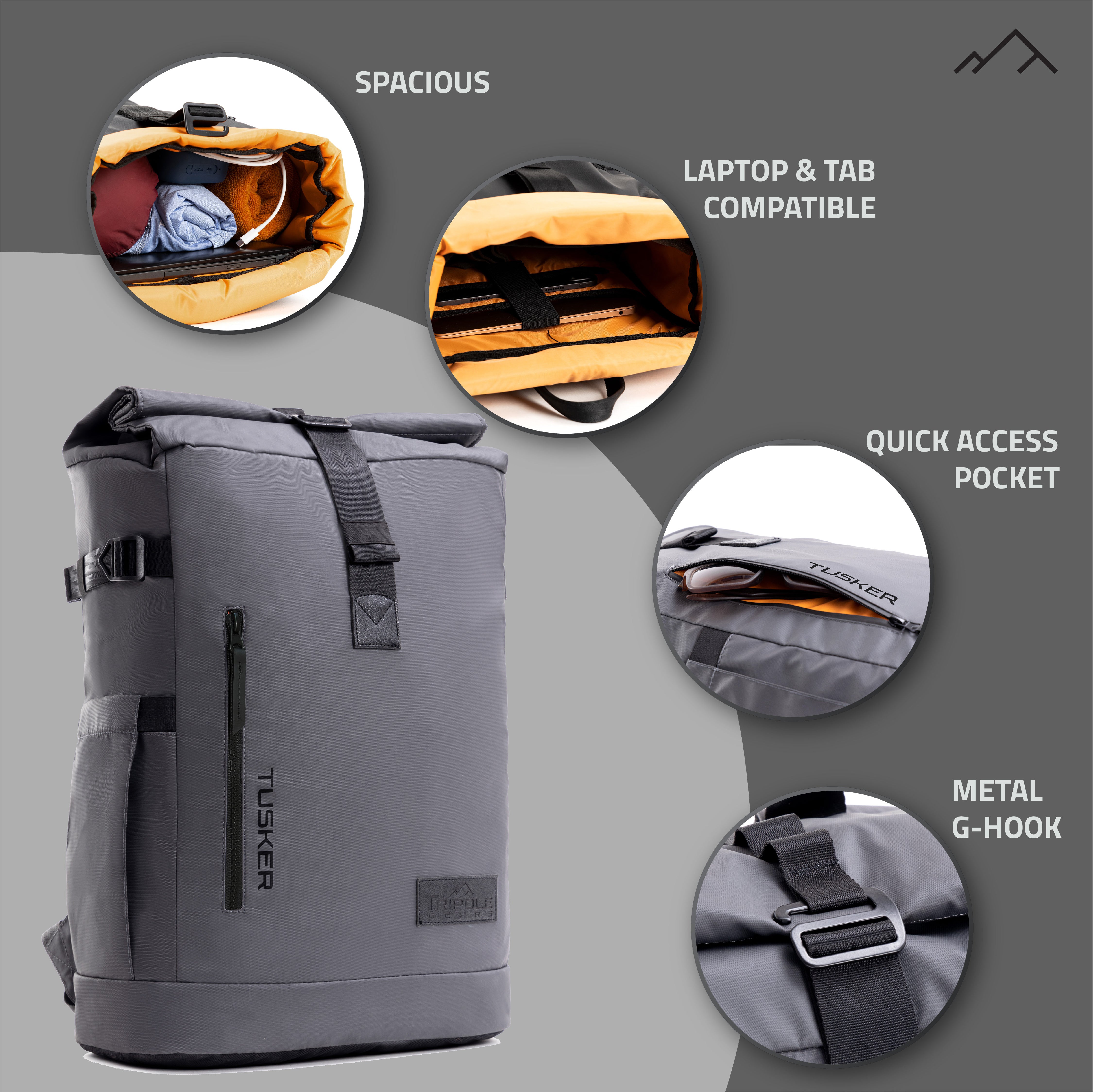 Tripole Tusker Roller Top Laptop Backpack Grey Front Infographics Travelling Multi utility 