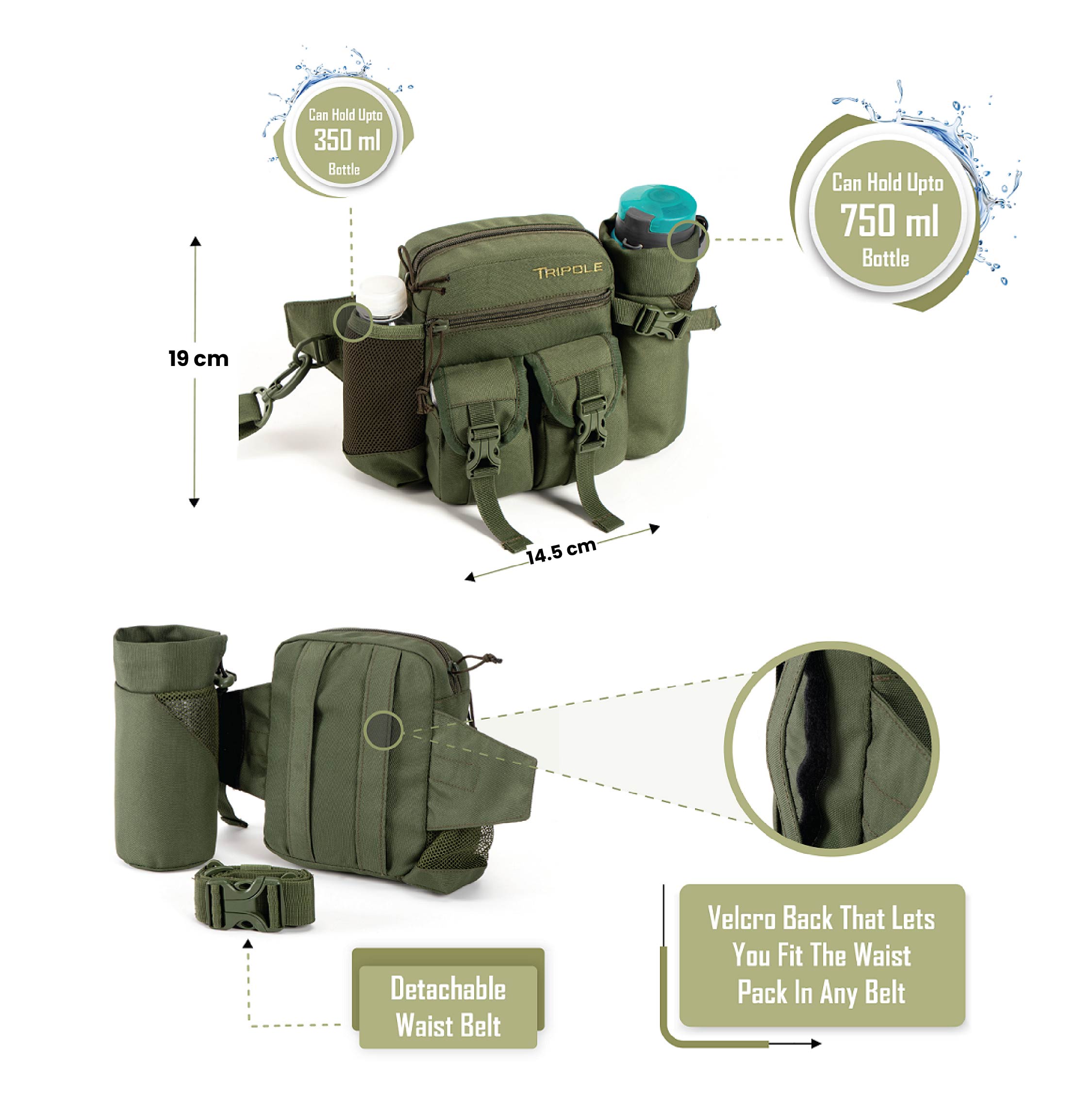 Tripole Waist Pack Detachable Bottle Holder Army Green Infographics Trekking Hiking Backpacking Travelling
