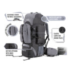 Tripole Walker 55L Grey Black Infographics Front - Internal Frame Rucksack for Hiking Trekking Backpacking Travelling