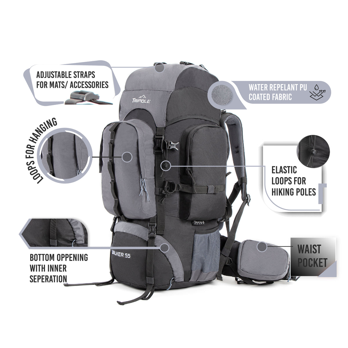 Tripole Walker 55L Internal Frame Rucksack for Hiking | Rain Cover | W ...