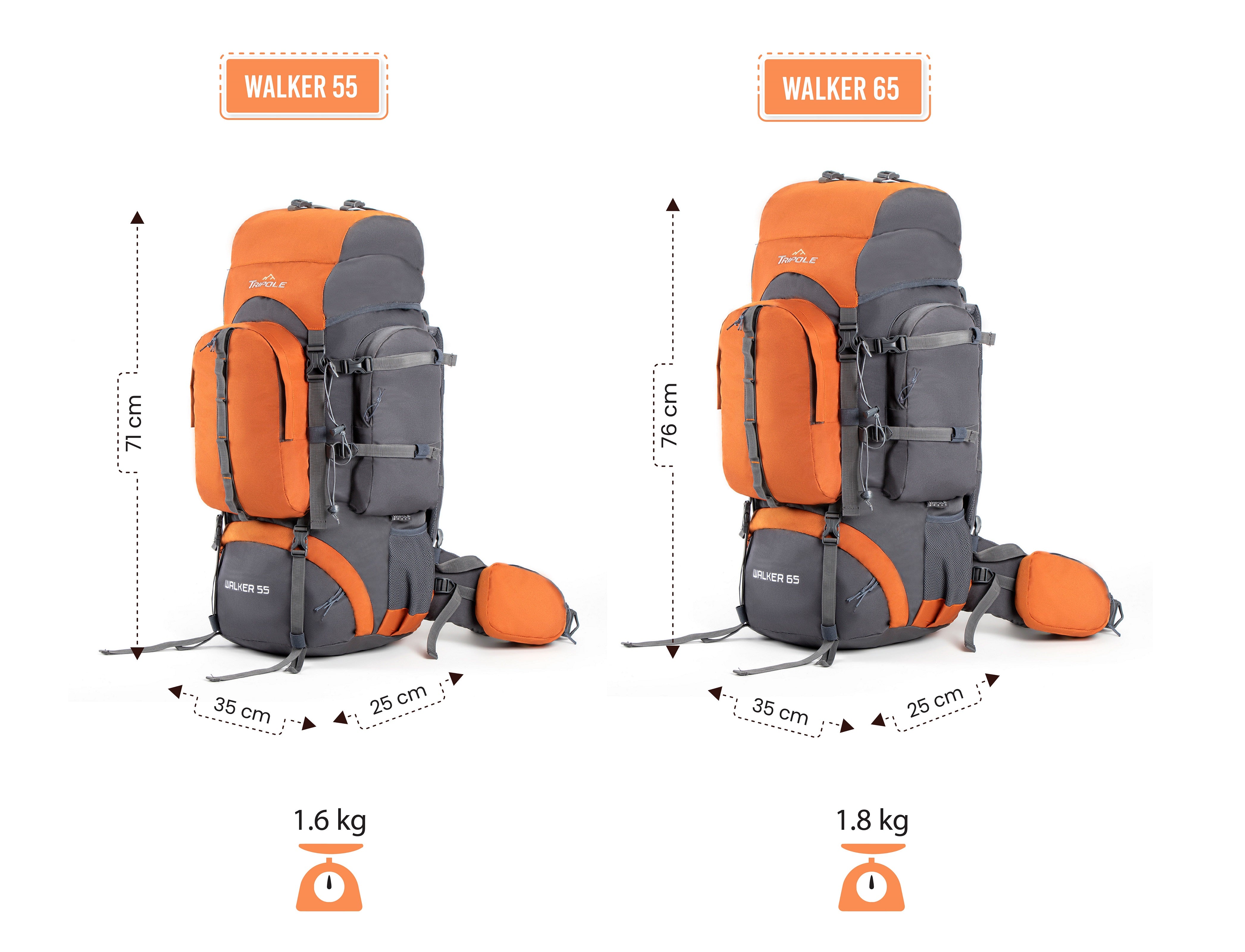 Tripole Walker 65L Grey Orange Size Dimensions - Internal Frame Rucksack for Hiking Trekking Backpacking Travelling