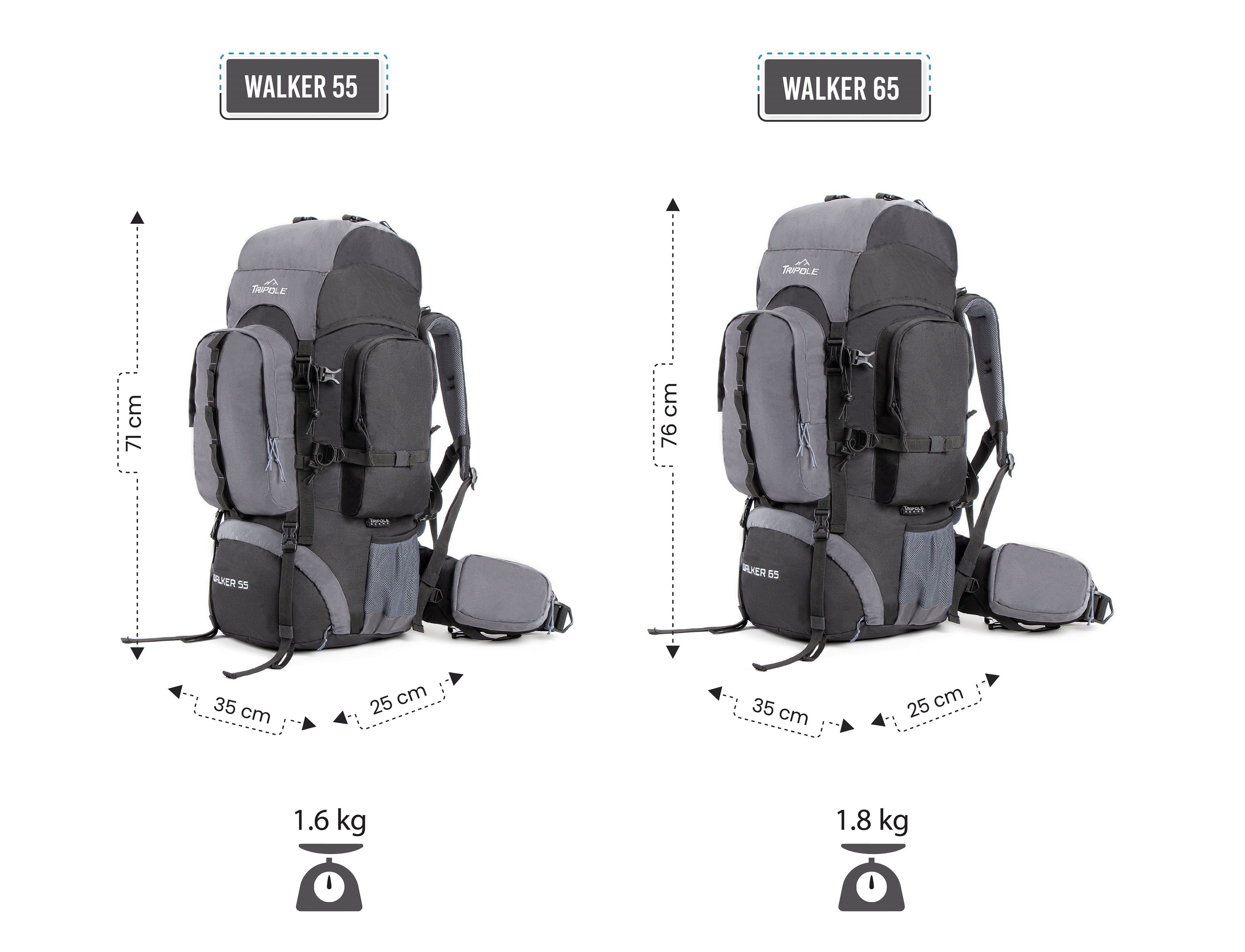 Tripole Walker Grey Black Size Dimensions - Internal Frame Rucksack for Hiking Trekking Backpacking Travelling