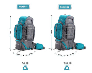 Walker 65 Litre Rucksack (Grey & Sea Green) + Foldable Day Pack