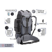 Tripole Walker 55L Internal Frame Rucksack for Hiking | Rain Cover | Water Repellent | Laptop Section | 3 Year Warranty | Black & Grey