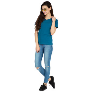 Cotton Stretchable Women T-Shirt Solid Color | Blue