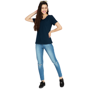 Cotton Stretchable Women T-Shirt Solid Color | Navy Blue