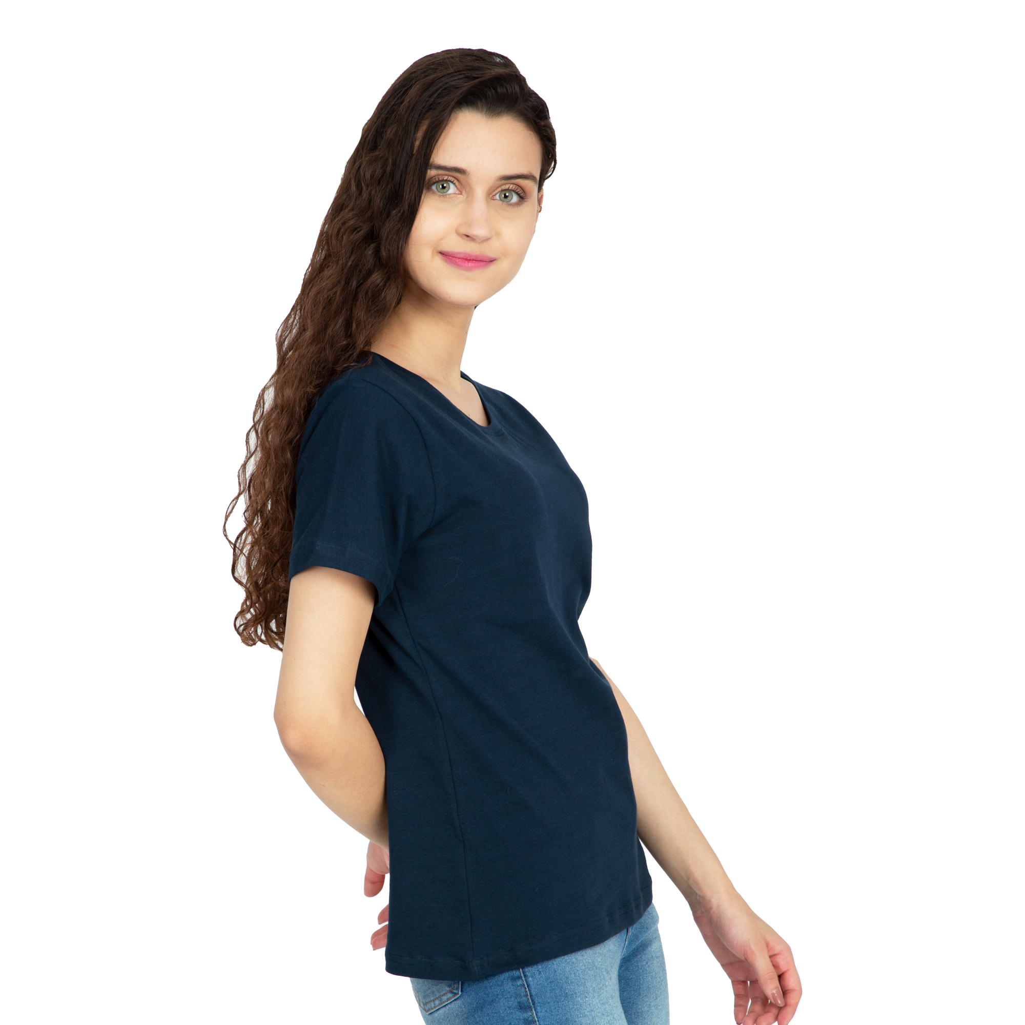 Cotton Stretchable Women T Shirt Solid Color Navy Blue Tripole Gears