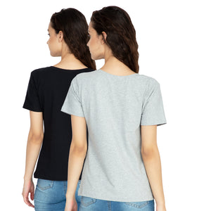 Cotton Stretchable Combo Women T-Shirt Solid Color | Black | Grey Melange