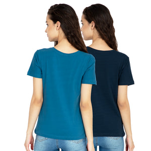 Cotton Stretchable Combo Women T-Shirt Solid Color, Blue