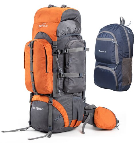 Walker 65 Litre Rucksack (Grey & Orange) + Foldable Day Pack