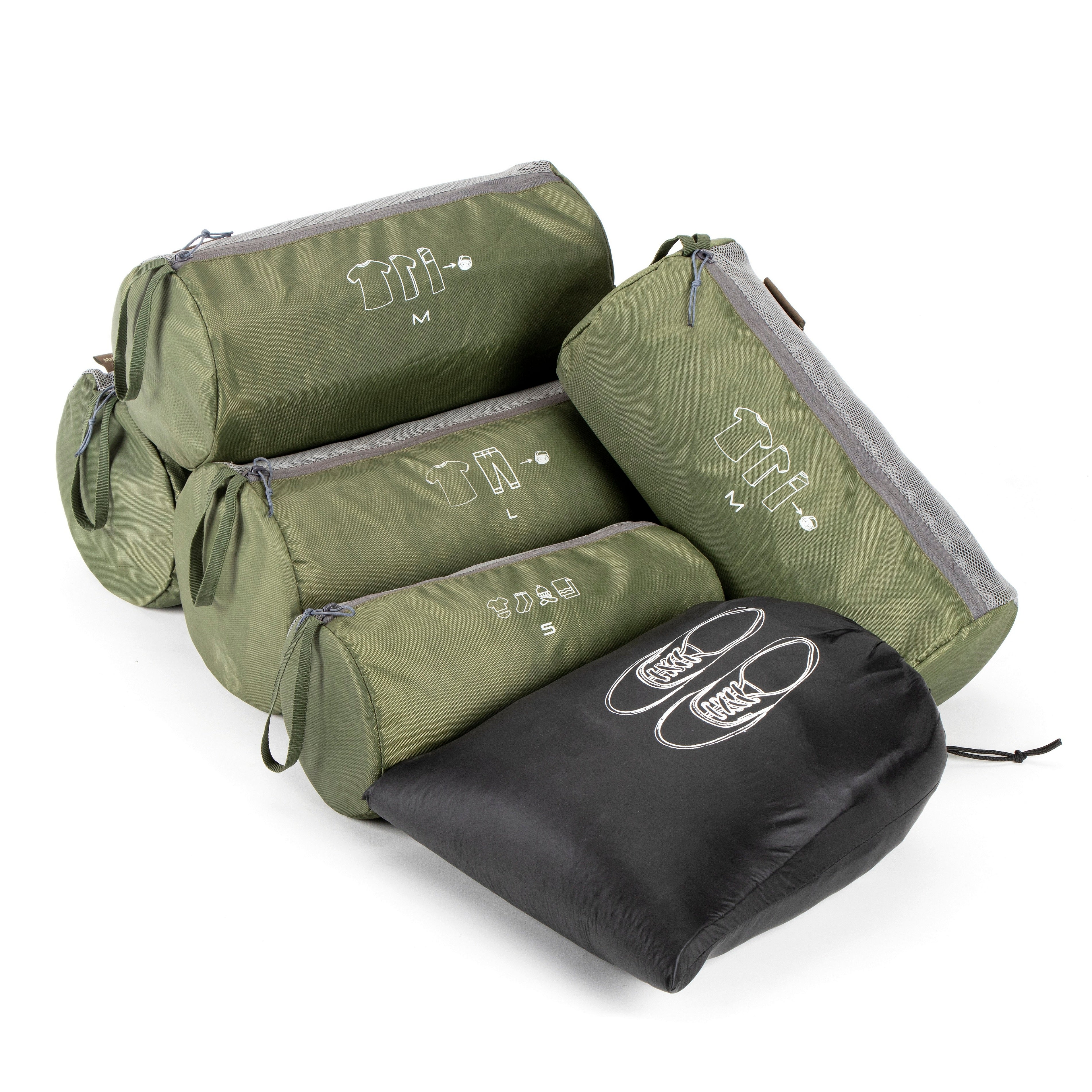 Tripole Organizer Packs - Cylindrical Shaped - Set of 6 - Army Green Backpacking Travelling
