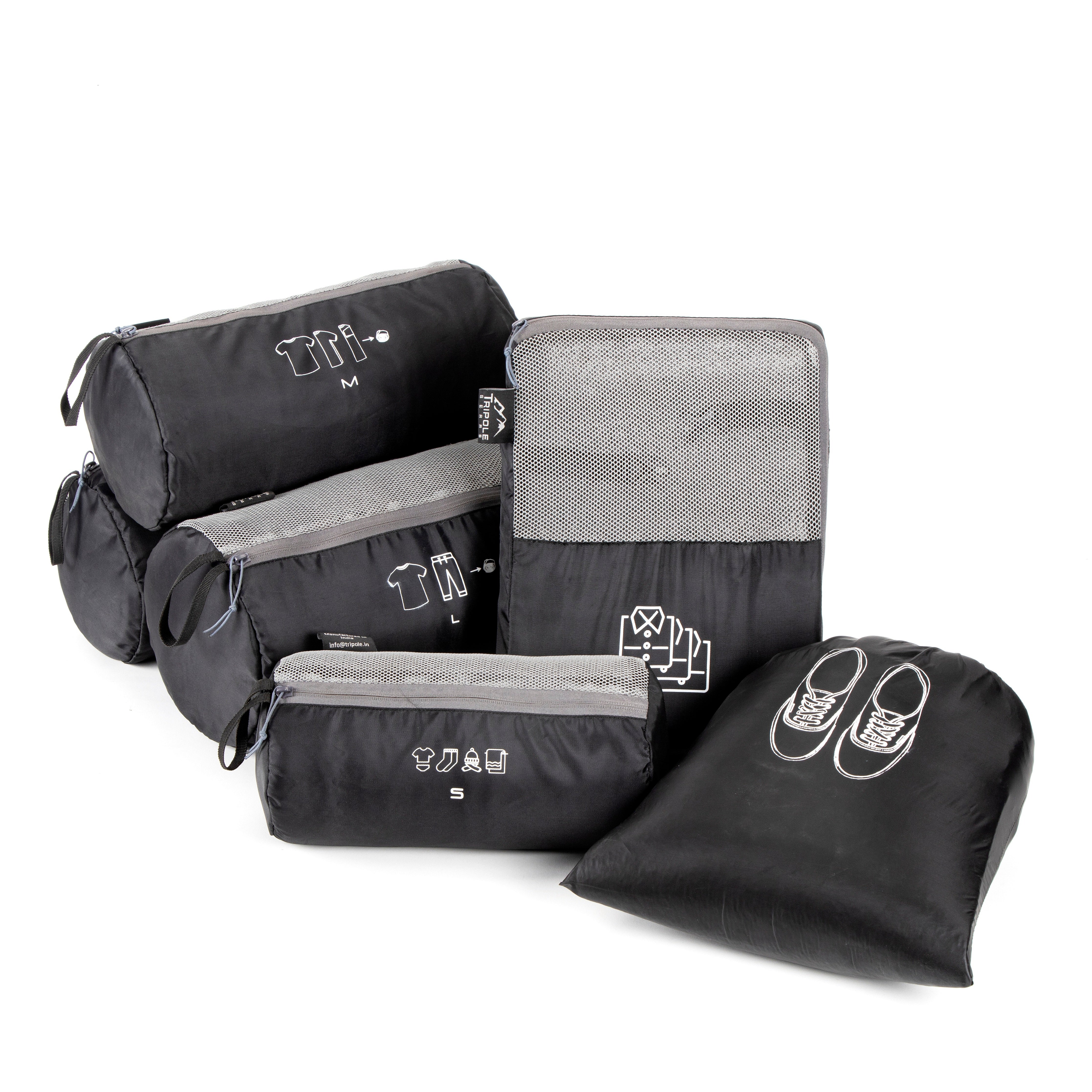 Tripole Organizer Packs - Cylindrical Shaped & Shirt Organizer- Set of 6 - Black Backpacking Travelling